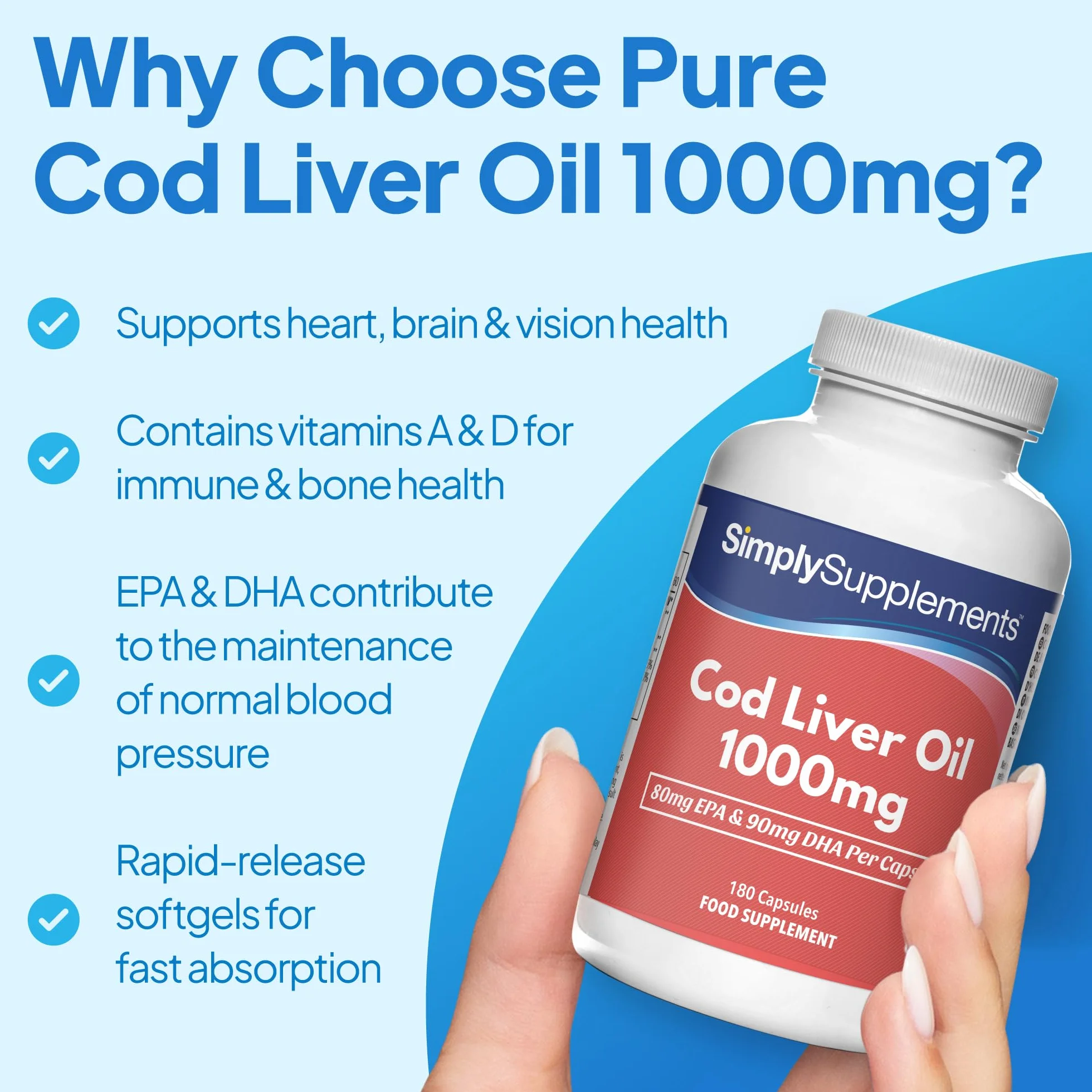 Olio Di Fegato Di Merluzzo 1000mg Omega 3 EPA DHA 180 Capsule Supporto Cervello Vista Immunità
