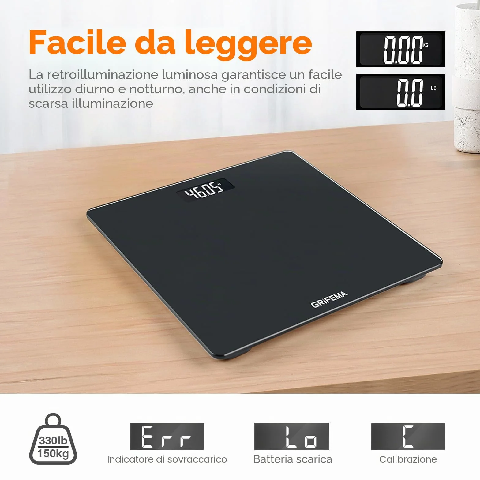 GRIFEMA GA2001-1 Bilancia Pesa Persone Display LCD, Max 150 kg Precisione 50 g, 26x26 cm, Nero