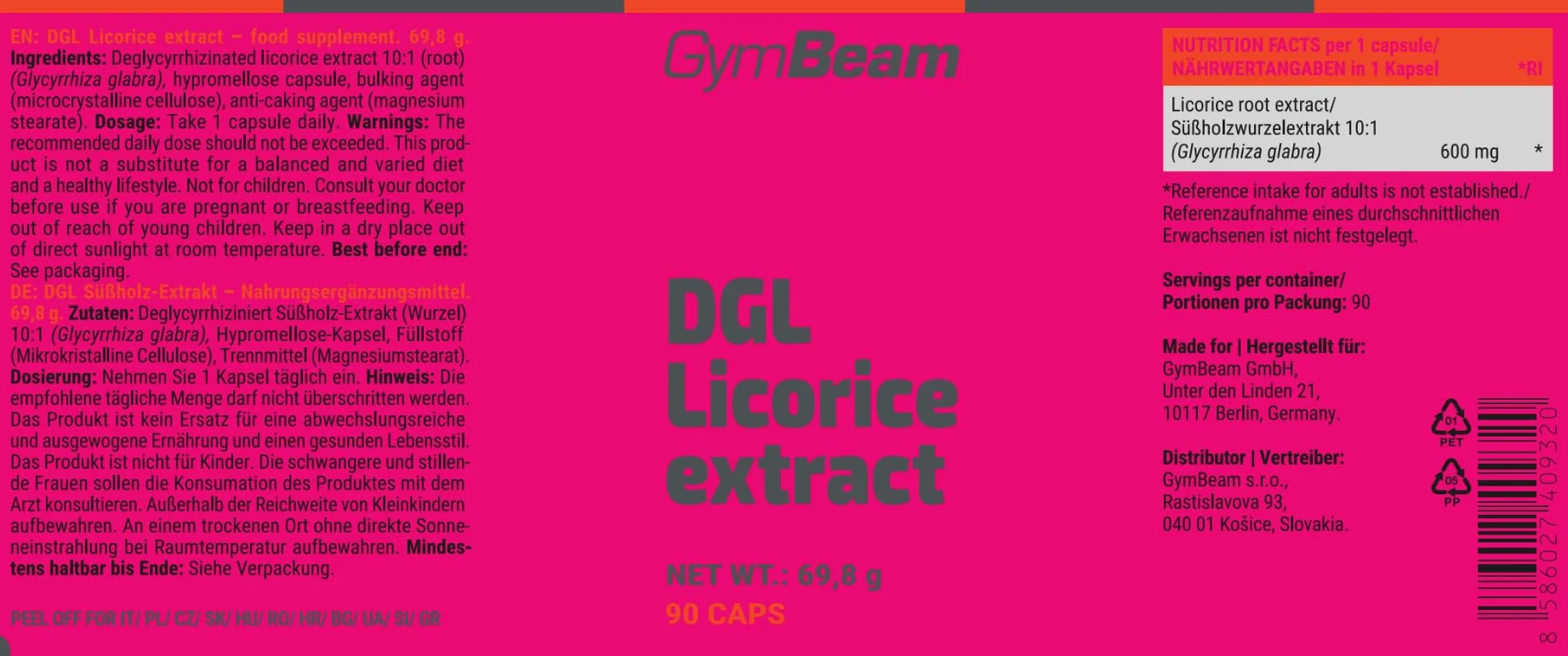 GymBeam Estratto di Liquirizia DGL 600 mg 10:1 Capsule Vegane Supporto Digestivo 90 cps