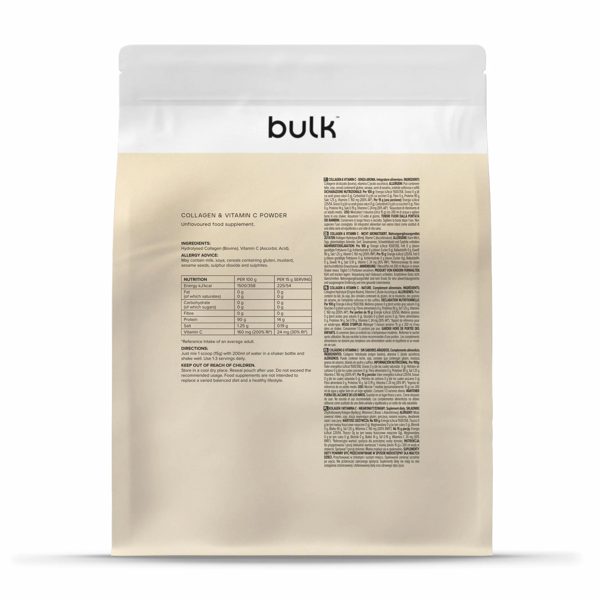 Bulk Collagen and Vitamin C Powder 500 g Non aromatizzato