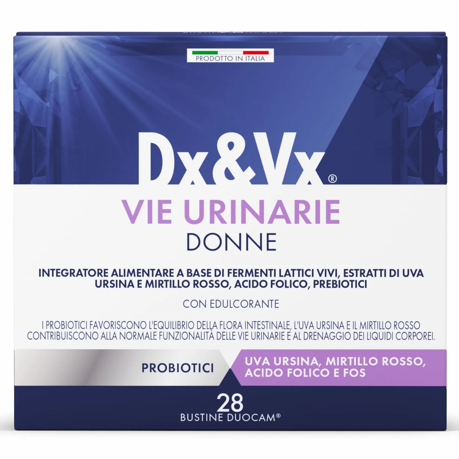 Dx&Vx Vie Urinarie Donne, Integratore per la Funzionalità delle Vie Urinarie, con Fermenti Lattici Vivi, Mirtillo Rosso, Uva Ursina e Acido Folico, Made in Italy, 28 Bustine