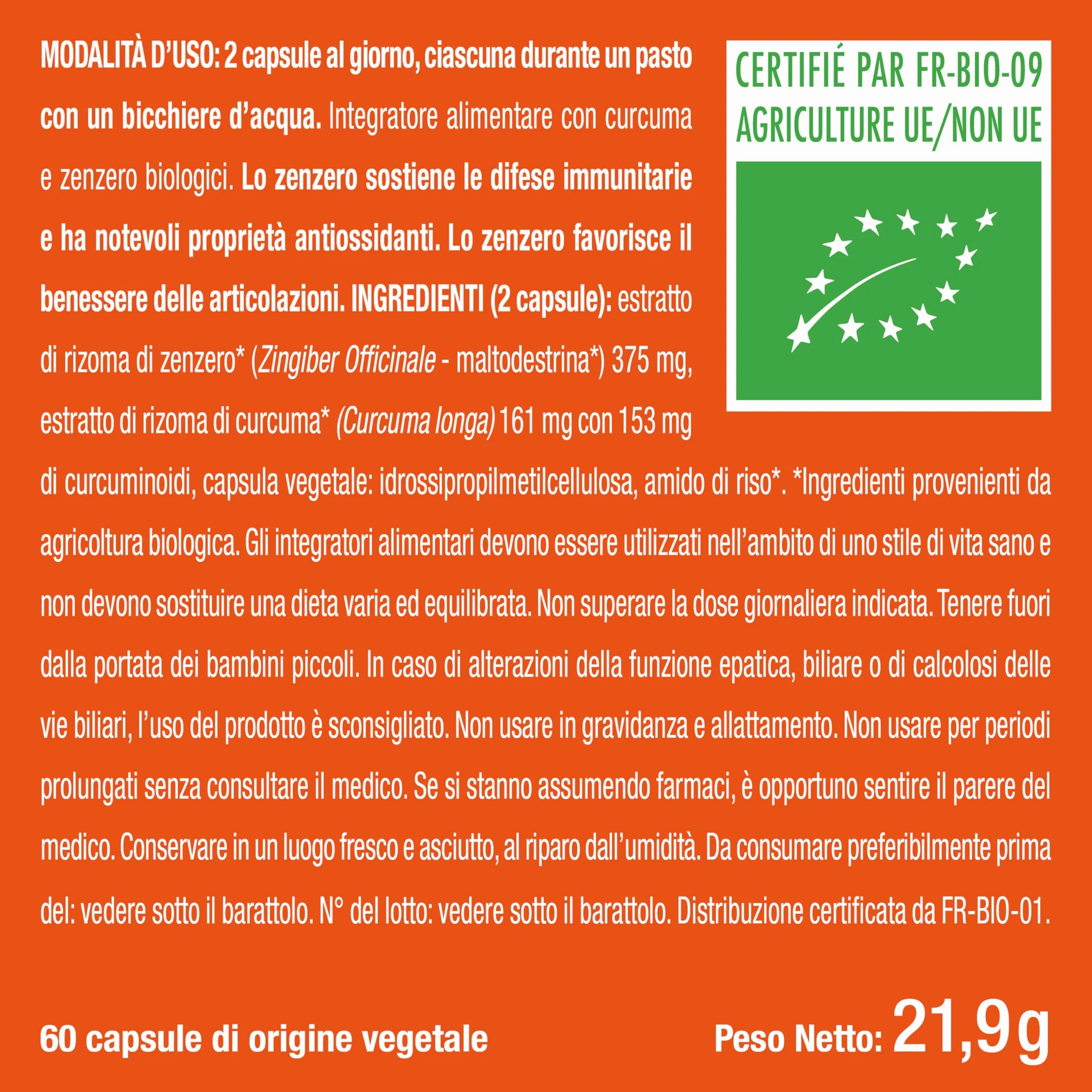Curcuma Zenzero Biologico 100% Naturale Concentrato di Curcumina Antinfiammatorio Antiossidante Nutrimea