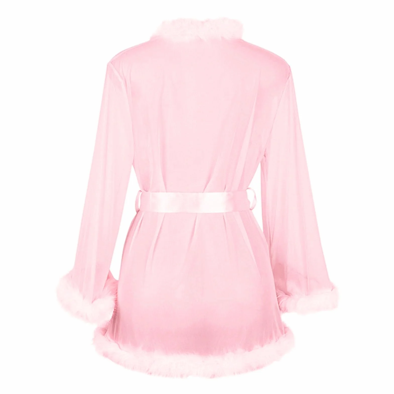 Vestaglia da donna in chiffon trasparente kimono corto con bordo in pelliccia e cintura