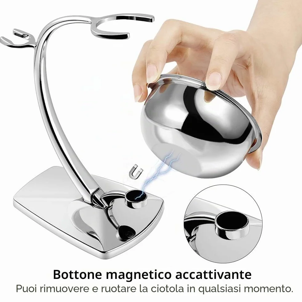 GRUTTI Set di Rasatura 2 in 1 per Uomini - Supporto Magnetico + Ciotola in Acciaio Inox, Compatibile con Rasoi Manuali (Senza Spazzola)