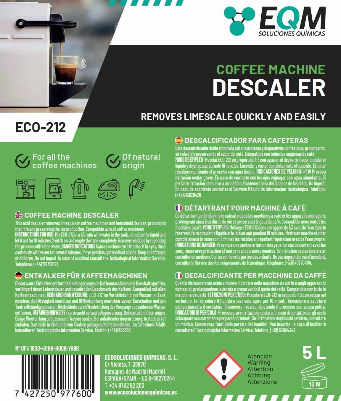 EQM Decalcificante per Macchine da Caffè 5L 100% Origine Naturale