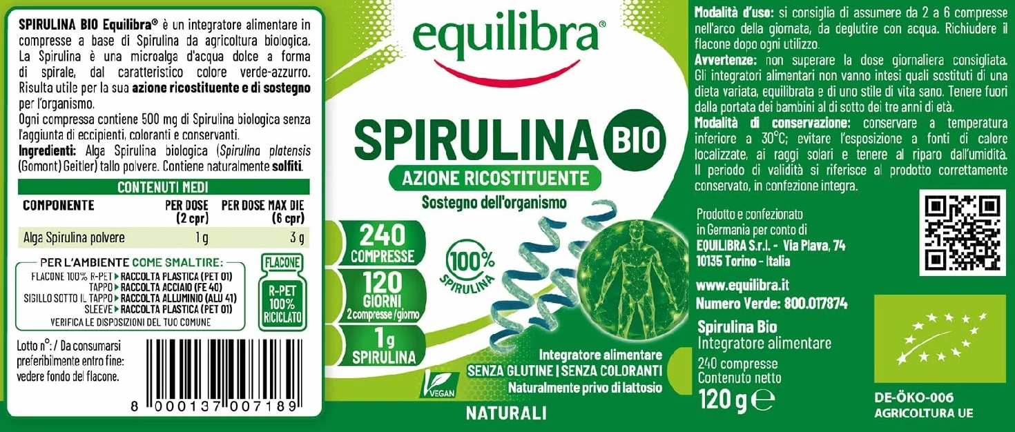 Equilibra Spirulina Bio Integratore Alimentare Compresse 240, 1g per Dose, Vegan