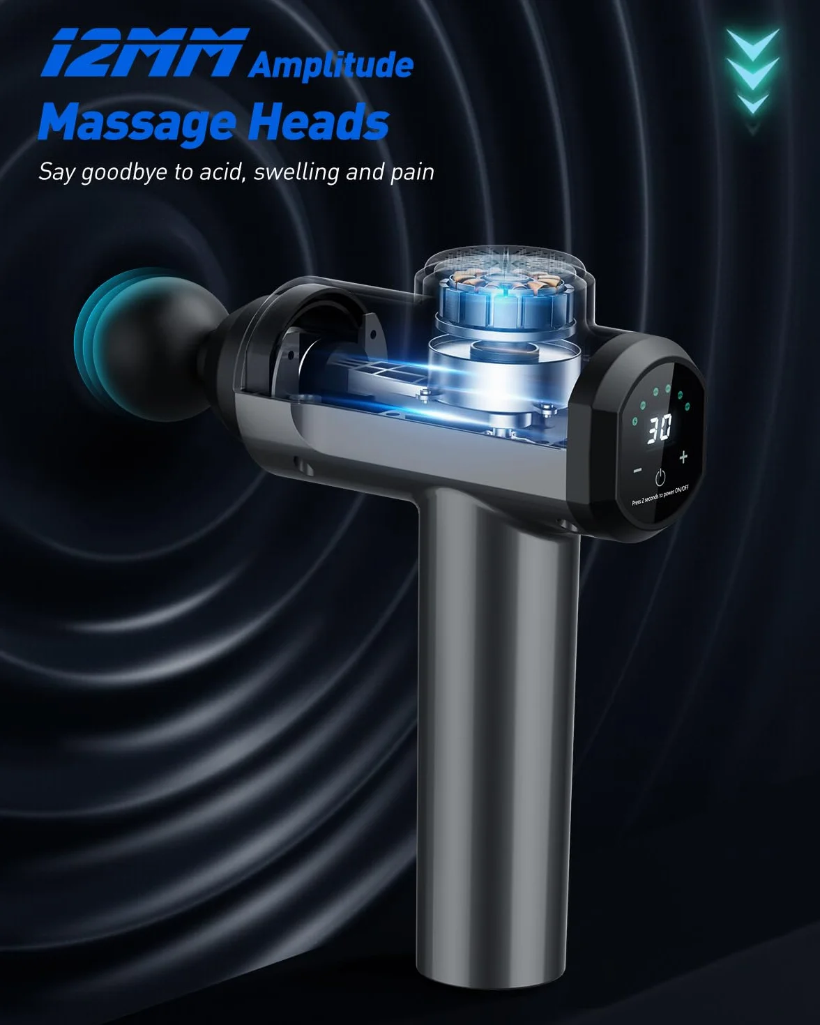 Pistola Massaggio Muscolare Professionale, 30 Velocità 3300rpm Massaggiatore con 6 Testine, 12mm Penetrazione, 45dB Silenzioso, Batteria 4-6h, LCD Touch – per Sportivi, Fitness, Anticellulite