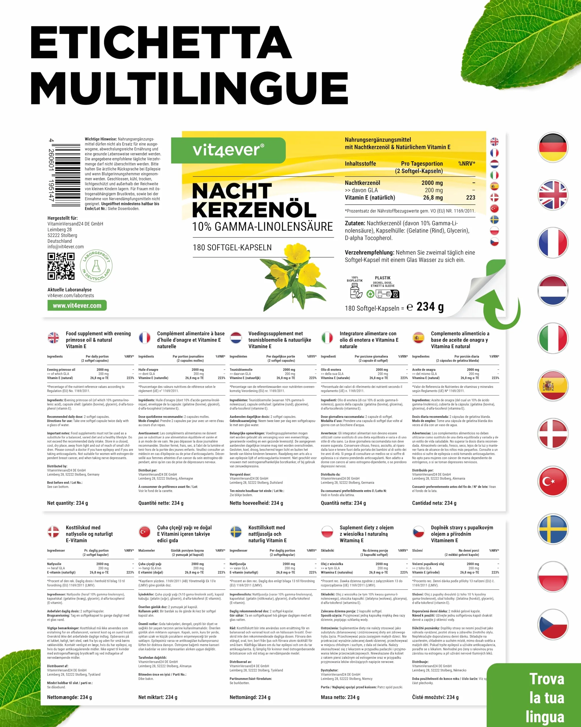 Olio di enotera 180 capsule 2000 mg per dose acido gamma-linolenico GLA 10% vitamina E pressato a freddo