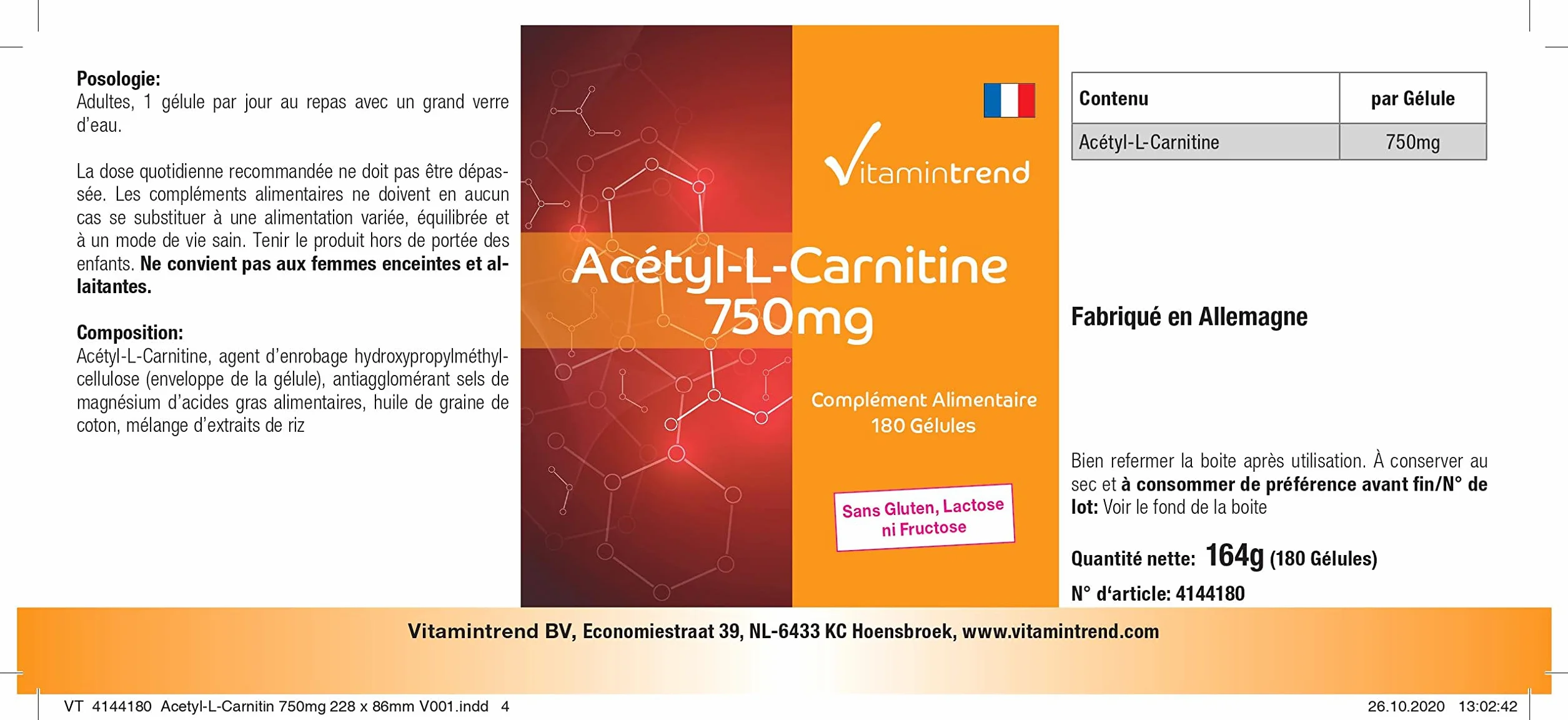 Vitamintrend Acetil-L-Carnitina 750 mg, 180 capsule, ad alto dosaggio, integratore alimentare vegano senza stearato di magnesio, prodotto in Germania