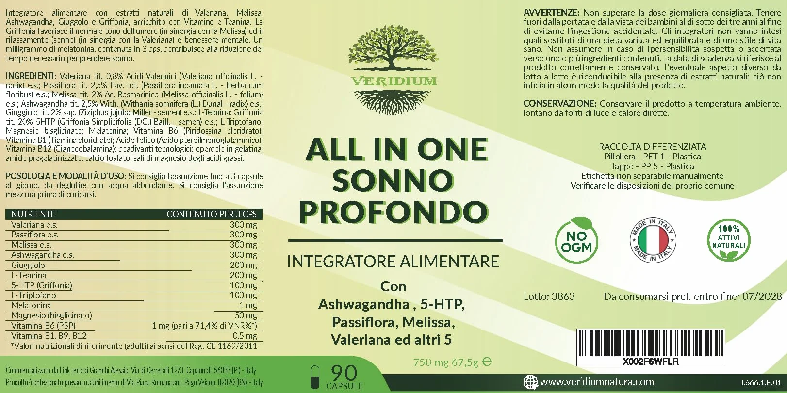 All in One Sonno Profondo Melatonina Valeriana Forte Passiflora Ashwagandha Melissa Griffonia Triptofano L-Teanina AZIONE 360 Insomnia Ansia Serale