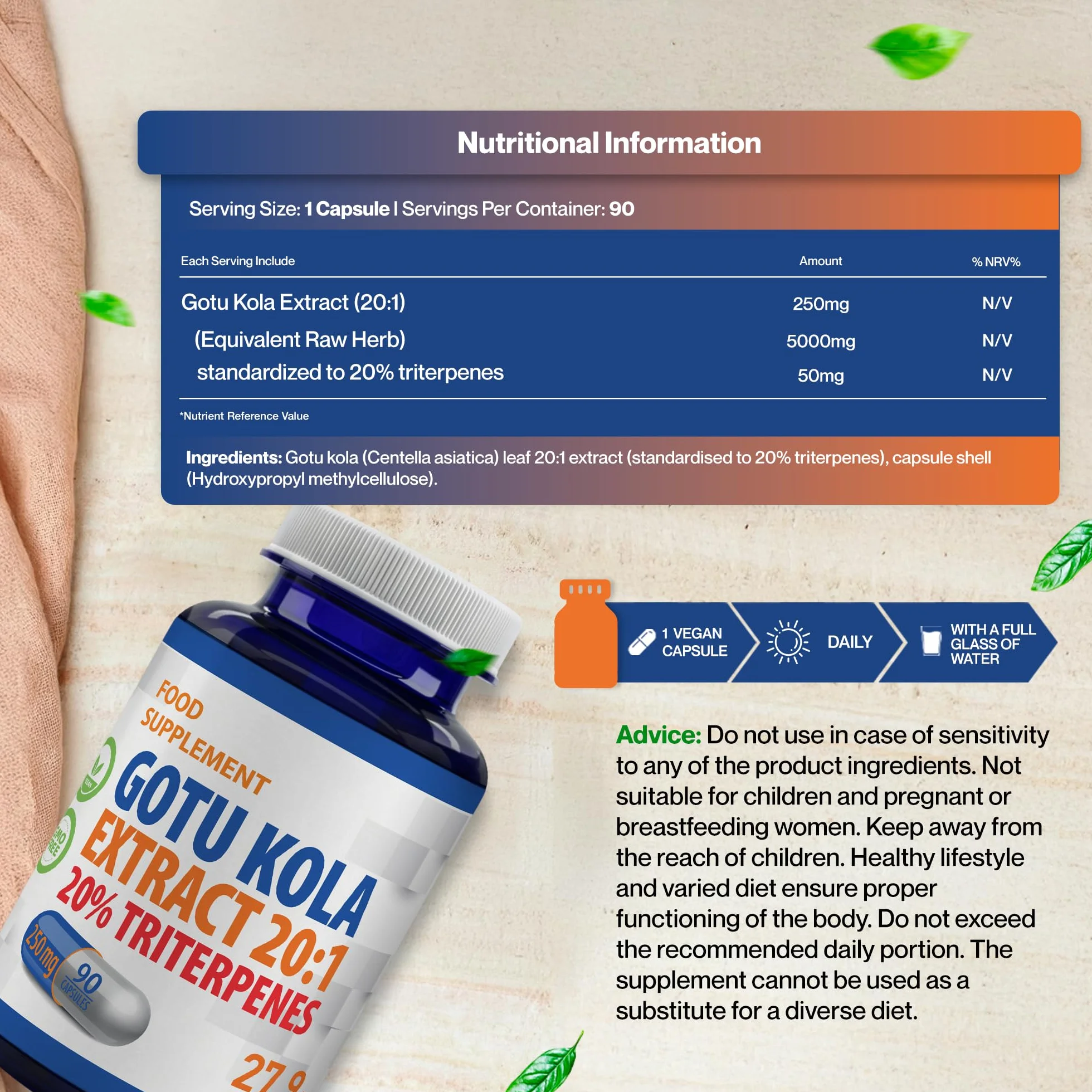 Hepatica Gotu Kola 5.000 mg Estratto 20:1 250 mg Triterpeni 20% 90 Capsule Vegane GMP