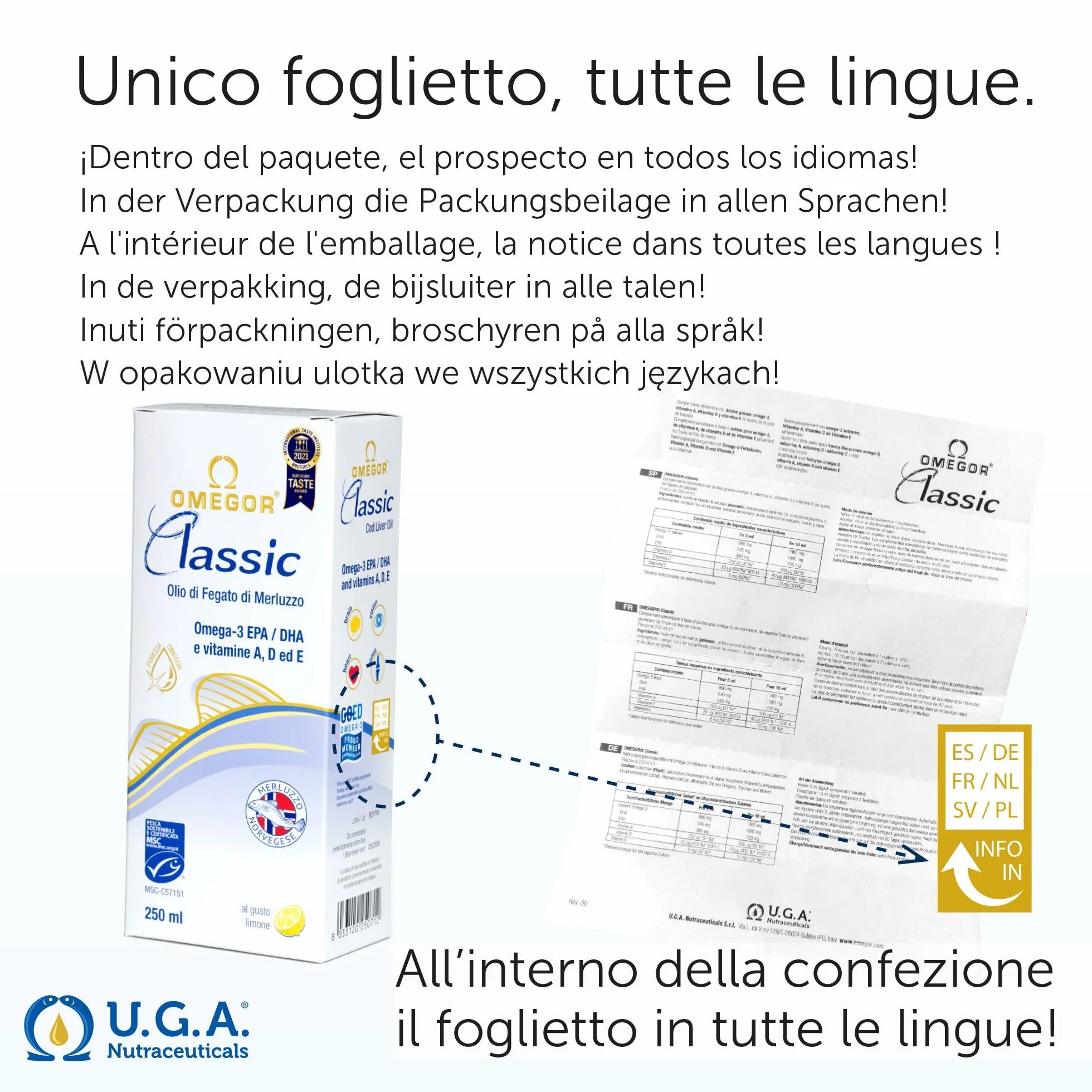 OMEGOR Classic Olio di Fegato di Merluzzo Liquido 250ml - Omega 3 1000mg con Vitamine A, D, E - 540mg DHA 360mg EPA
