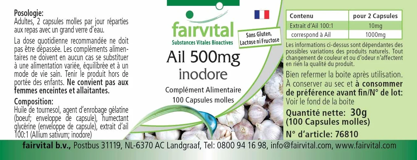 fairvital Capsule di aglio 500 mg, 100 softgel, facili da deglutire, contengono alliicina, estratto di aglio 100:1, ALTO DOSAGGIO e inodori
