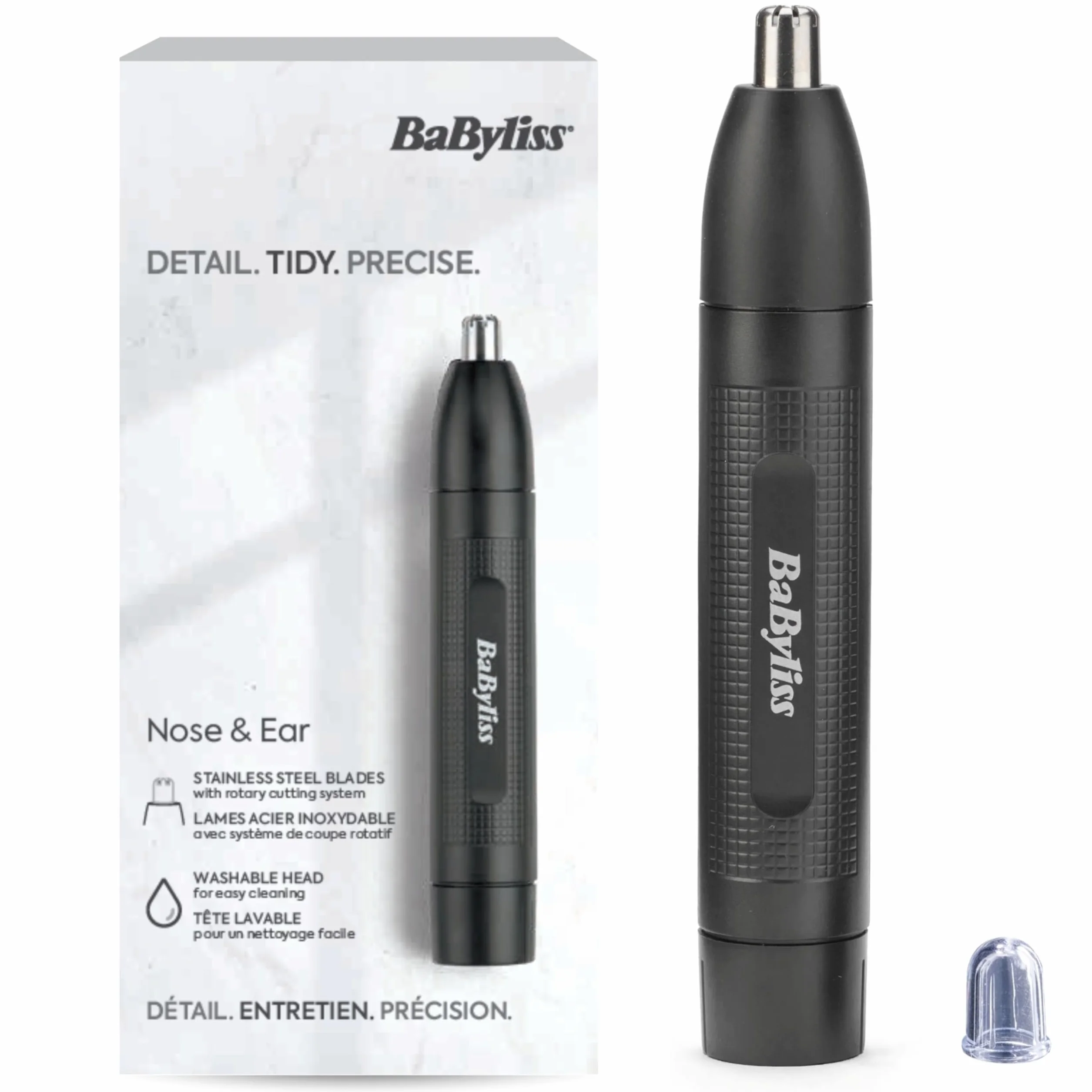 BaByliss E650E Trimmer do nosa i uszu, podwójne ostrza ze stali nierdzewnej, czarny