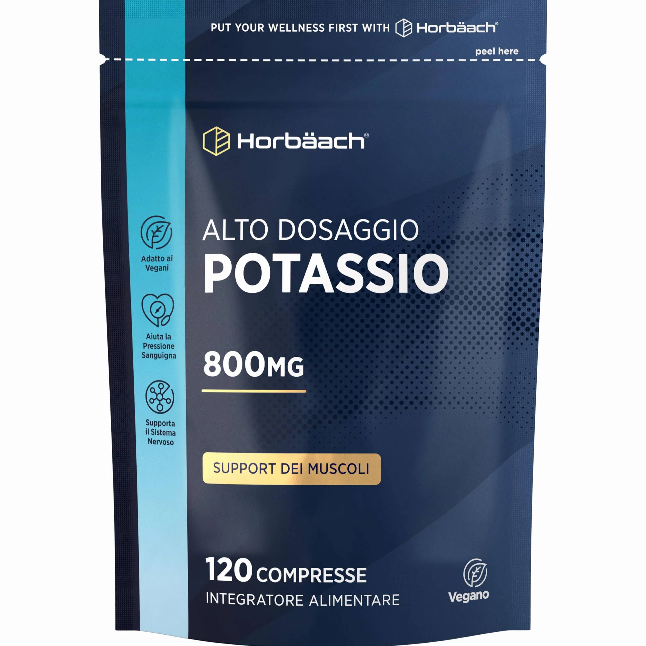 Potassio Integratore 800mg | 120 Compresse Vegane | ad Alto Dosaggio | Potassium | Horbaach