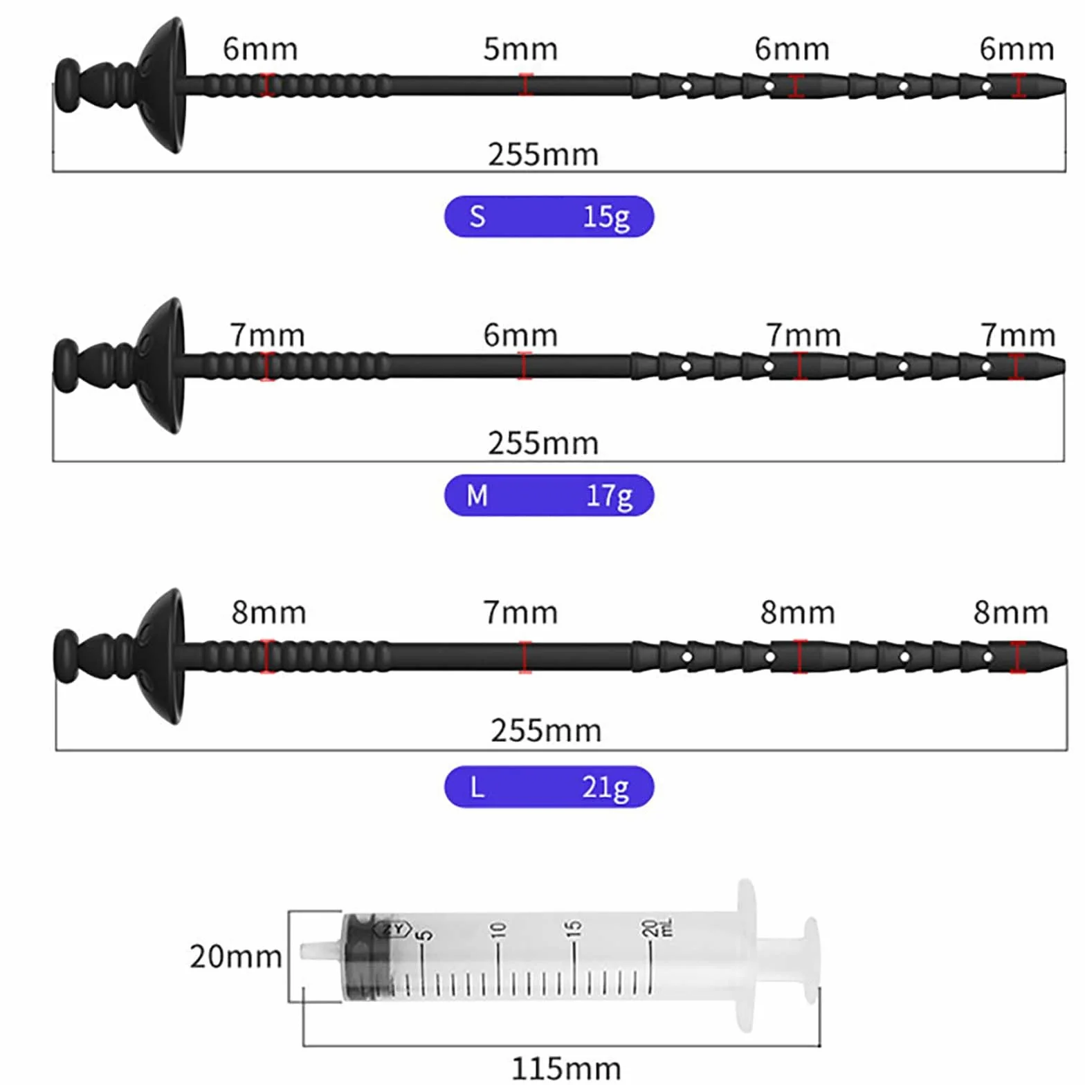 Asta vibrante liscia in 3 misure con siringa, speciale allungamento maschile per una minzione facile, set di allenamento speciale per uomini -D28IT (3 sizes combination)