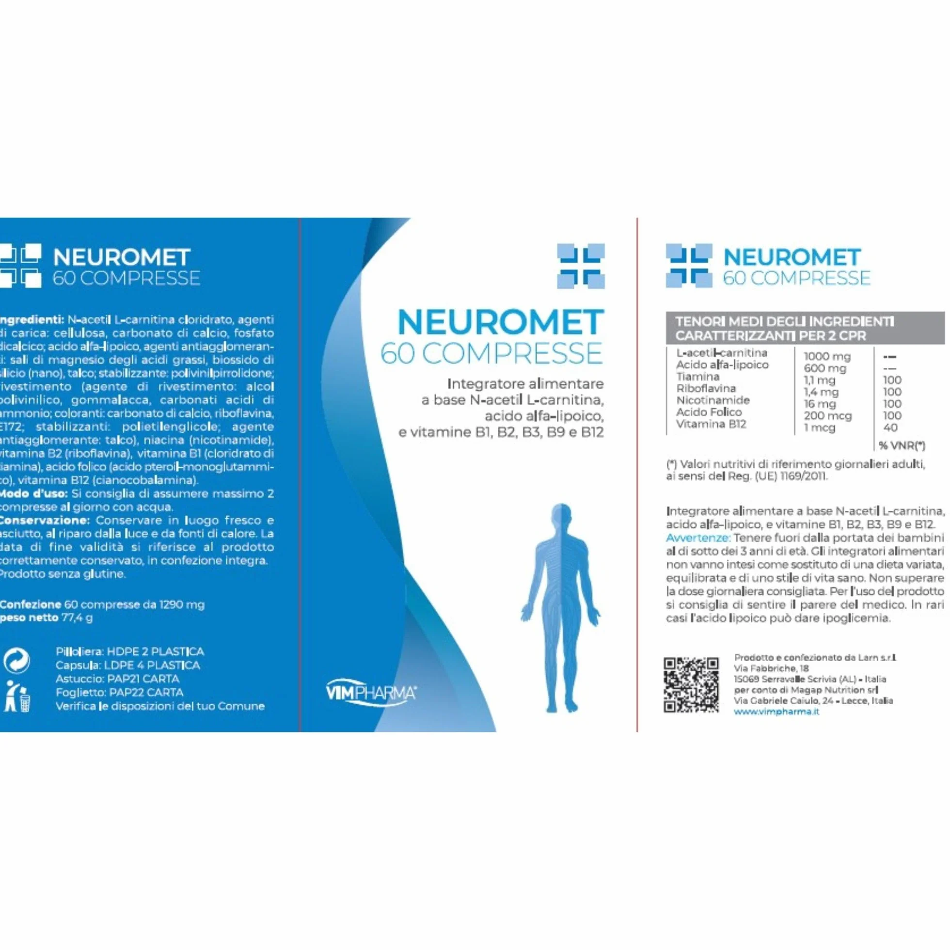 VIMPHARMA Acetil L Carnitina Acido Alfa Lipoico Niacina NEUROMET Integratore 60 Cpr Vegano