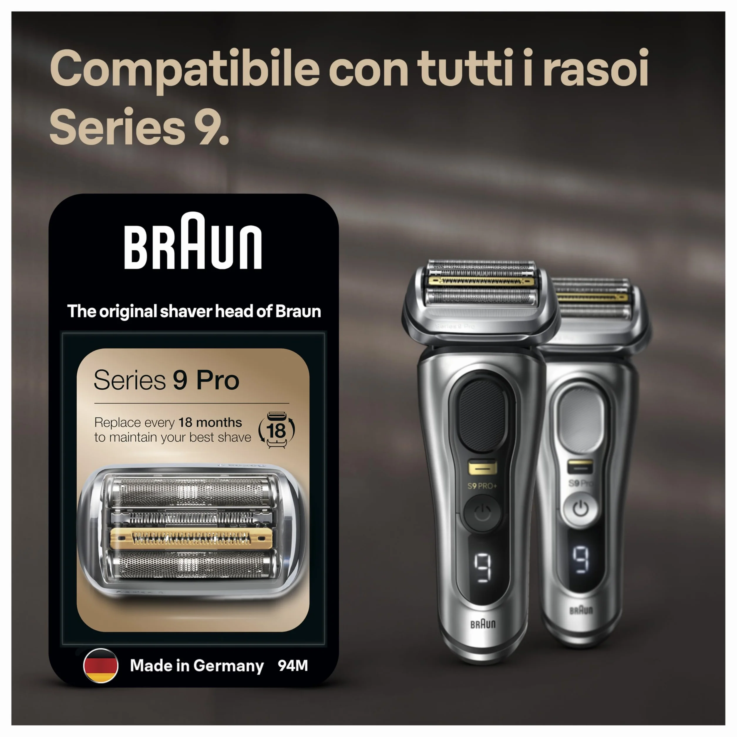 Braun Serie 9 PRO+ 94M, Testina Braun Serie 9 Originale per Rasoio Elettrico Barba, Recupera Il 100% Delle Prestazioni Del Tuo Regolabarba Uomo, Compatibile Con Tutti I Rasoi Series 9