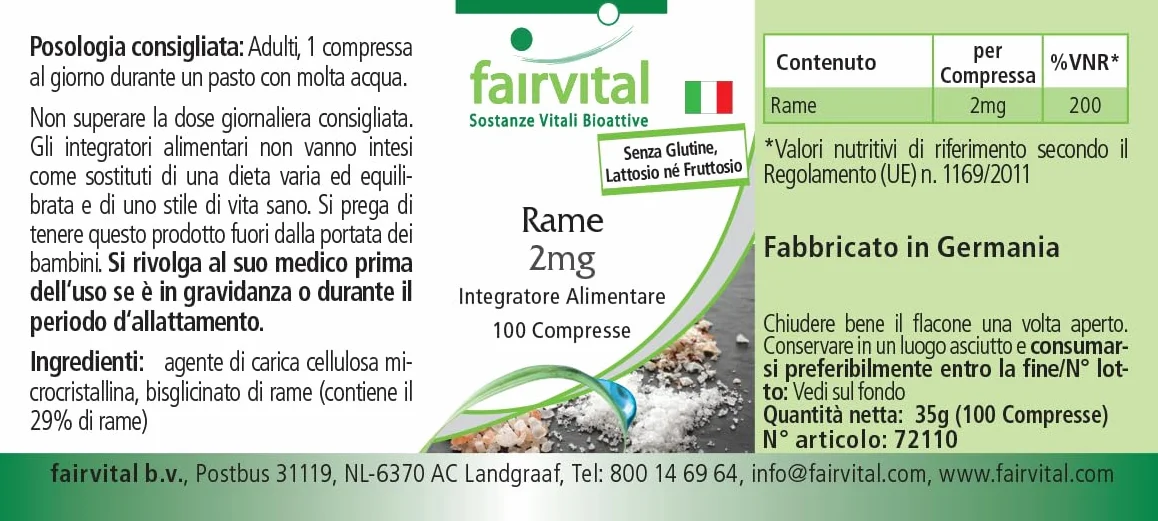 fairvital Compresse di rame 2 mg, ALTO DOSAGGIO, integratore alimentare a base di bisglicinato di rame, vegano, 100 compresse, facili da deglutire