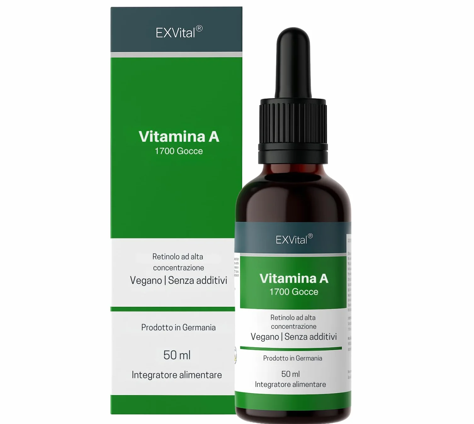 Vitamina A in gocce di EXVital – 5000 UI (1500 µg) per dose giornaliera, 50 ml = 1700 gocce, testata in laboratorio, retinolo ad alto dosaggio – vegana – vitamina A liquida