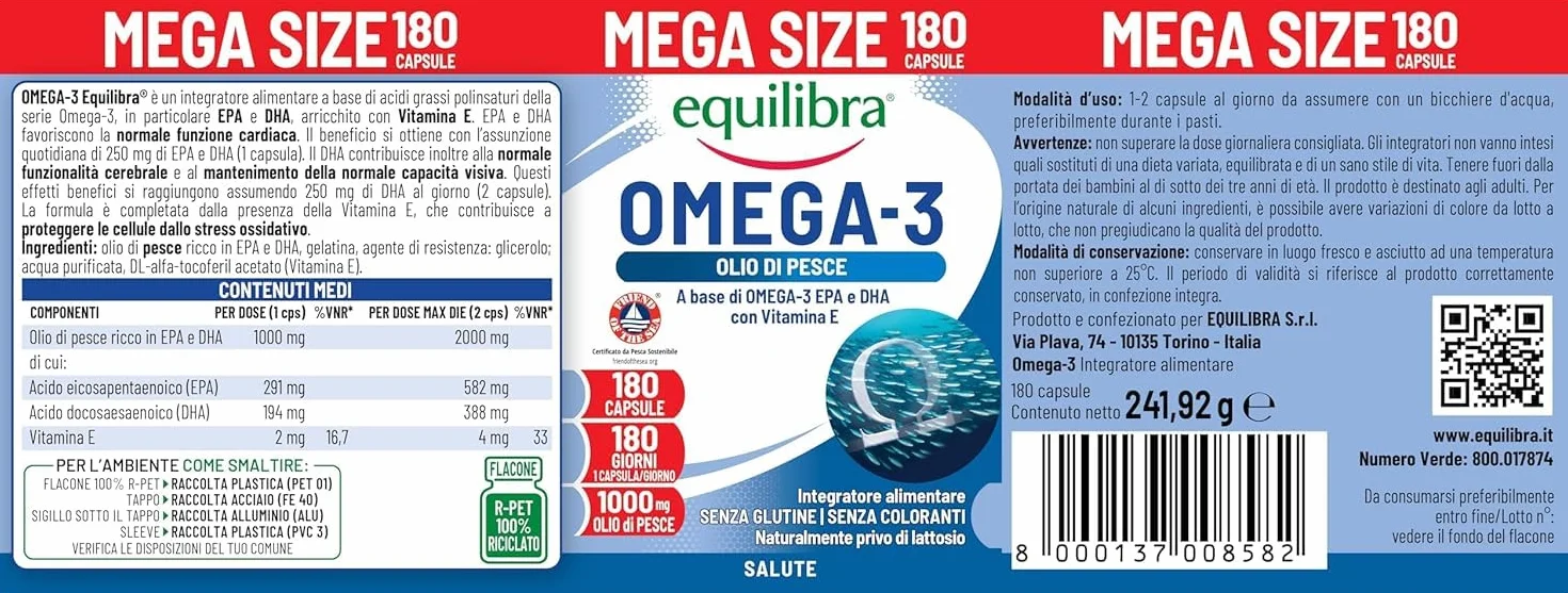 Equilibra Omega 3 Olio di Pesce 2000mg EPA 582mg DHA 388mg 180 capsule