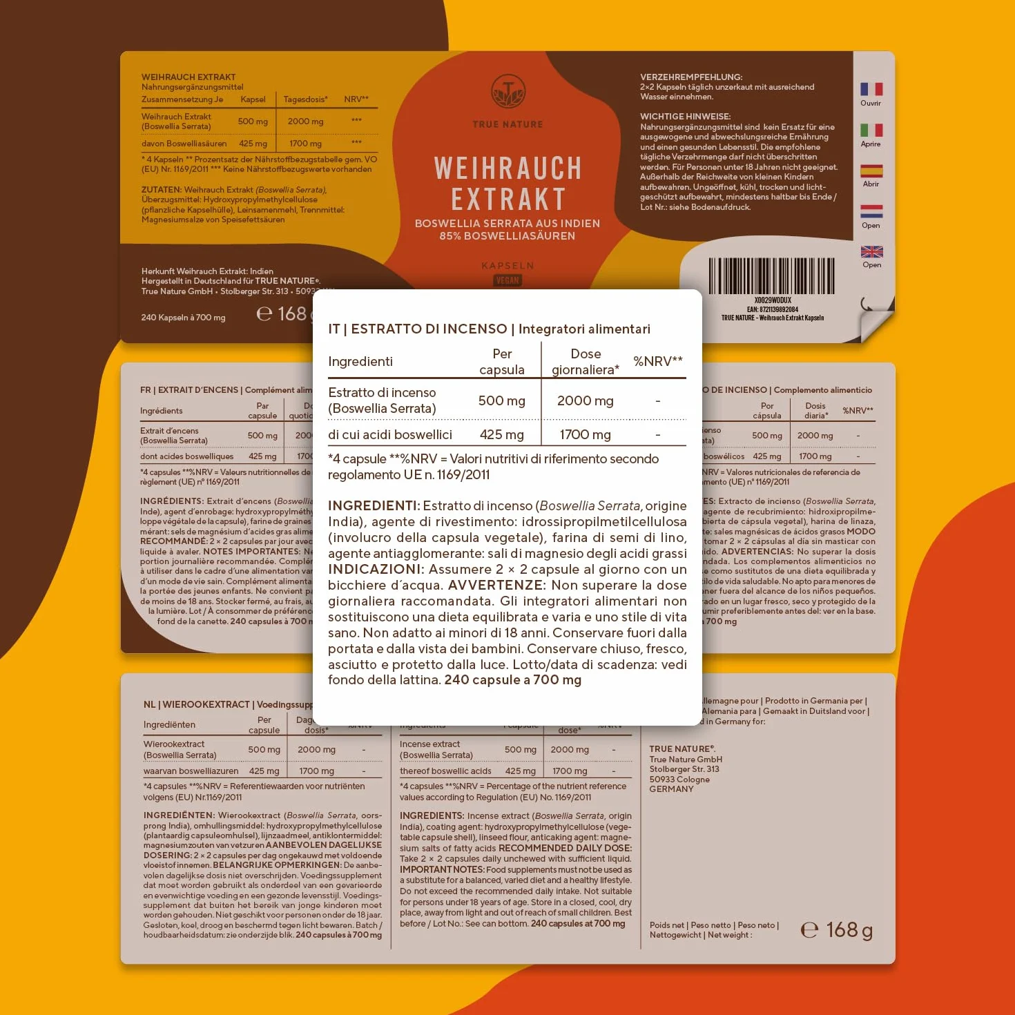 Boswellia Serrata - 240 Capsule - 20.000 mg - Alto dosaggio (10:1) - incenso integratore - Vegan, Testato in Laboratorio, Produzione Tedesca - TRUE NATURE®