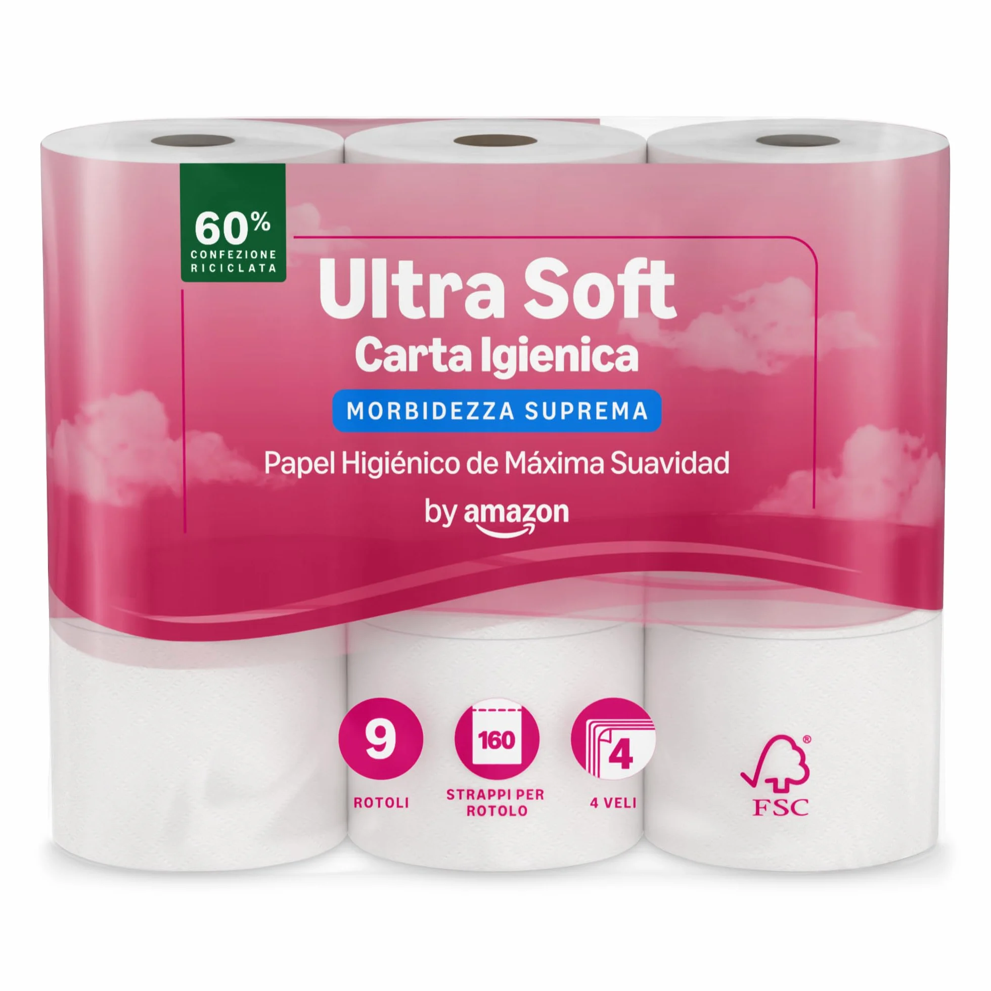 Carta Igienica Ultra Morbida 4 Veli 9 Rotoli 160 Strappi Certificata FSC by Amazon