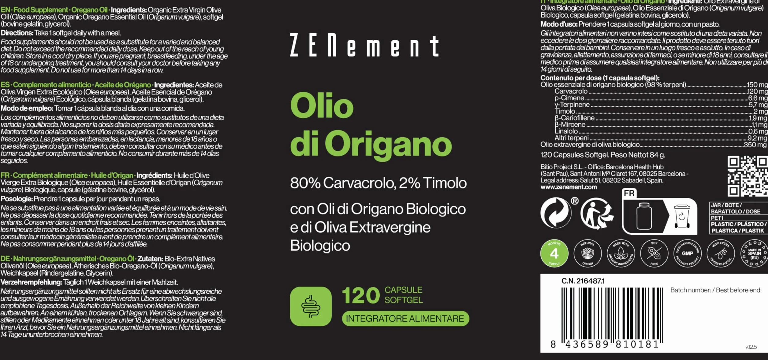 Olio di Origano 80% Carvacrolo 2% Timolo 120 Capsule Softgel Zenement