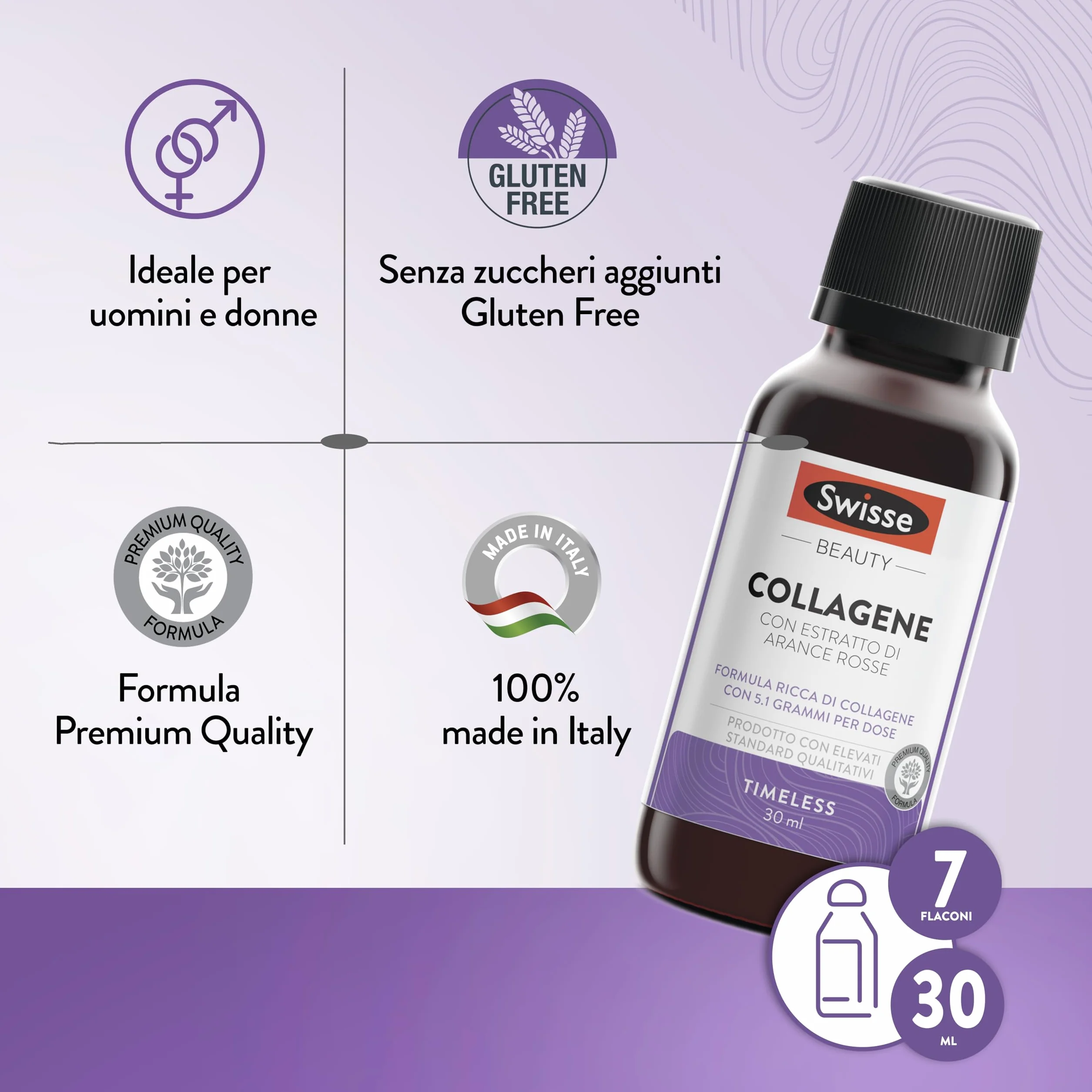 SWISSE Collagene Integratore Liquido - Collagene Idrolizzato da Bere Donna e Uomo con Arance Rosse, 7 x 30 ml Made in Italy