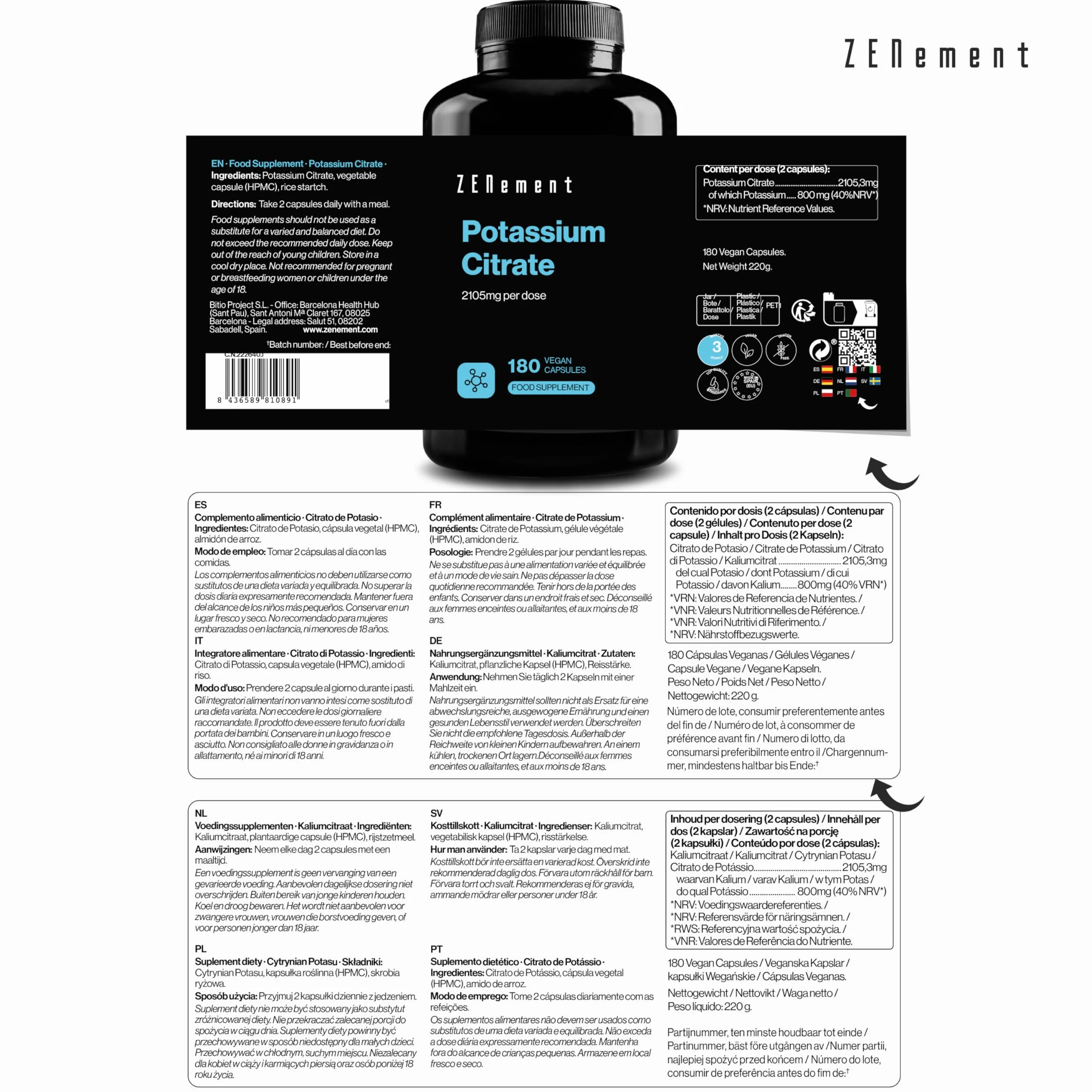 Citrato di Potassio 2105 mg per Dose (800 mg di Potassio Elementare in 2 capsule) - 180 Capsule per 3 Mesi - Supporto Muscolare, Nervoso e Pressione - Vegano e Senza Additivi - Zenement
