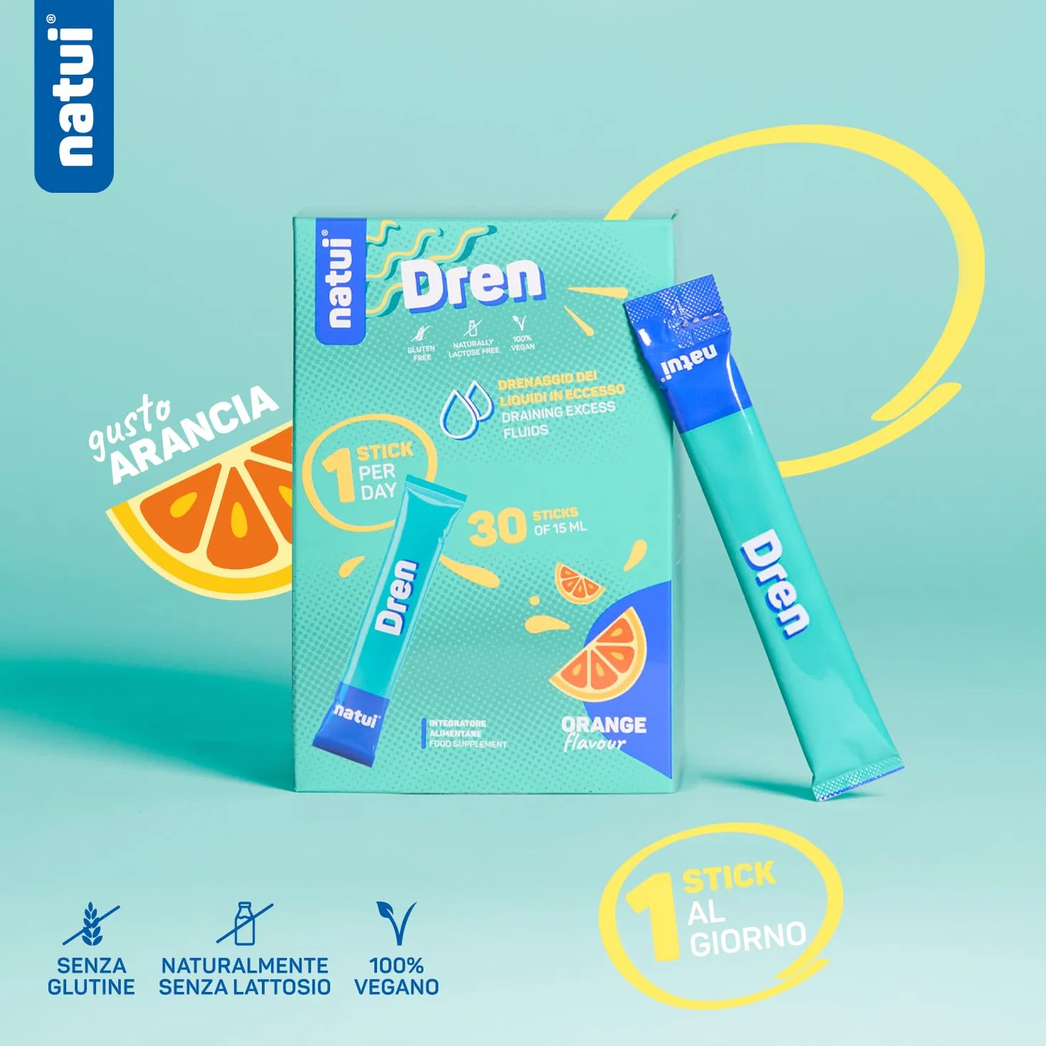 Natui Dren Integratore Drenante Forte Diuretico Naturale Ritenzione Idrica Detox Anticellulite Pilosella Equiseto Betulla Gusto Arancia Senza Glutine 30 Stick 15 ml