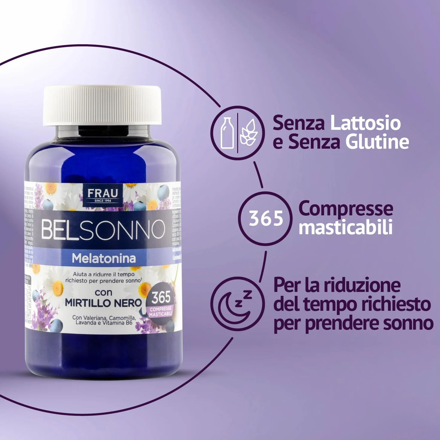 FRAU BEL SONNO Melatonina 365 Compresse Masticabili Integratore per il Sonno con Valeriana, Camomilla, Lavanda e Vitamina B6
