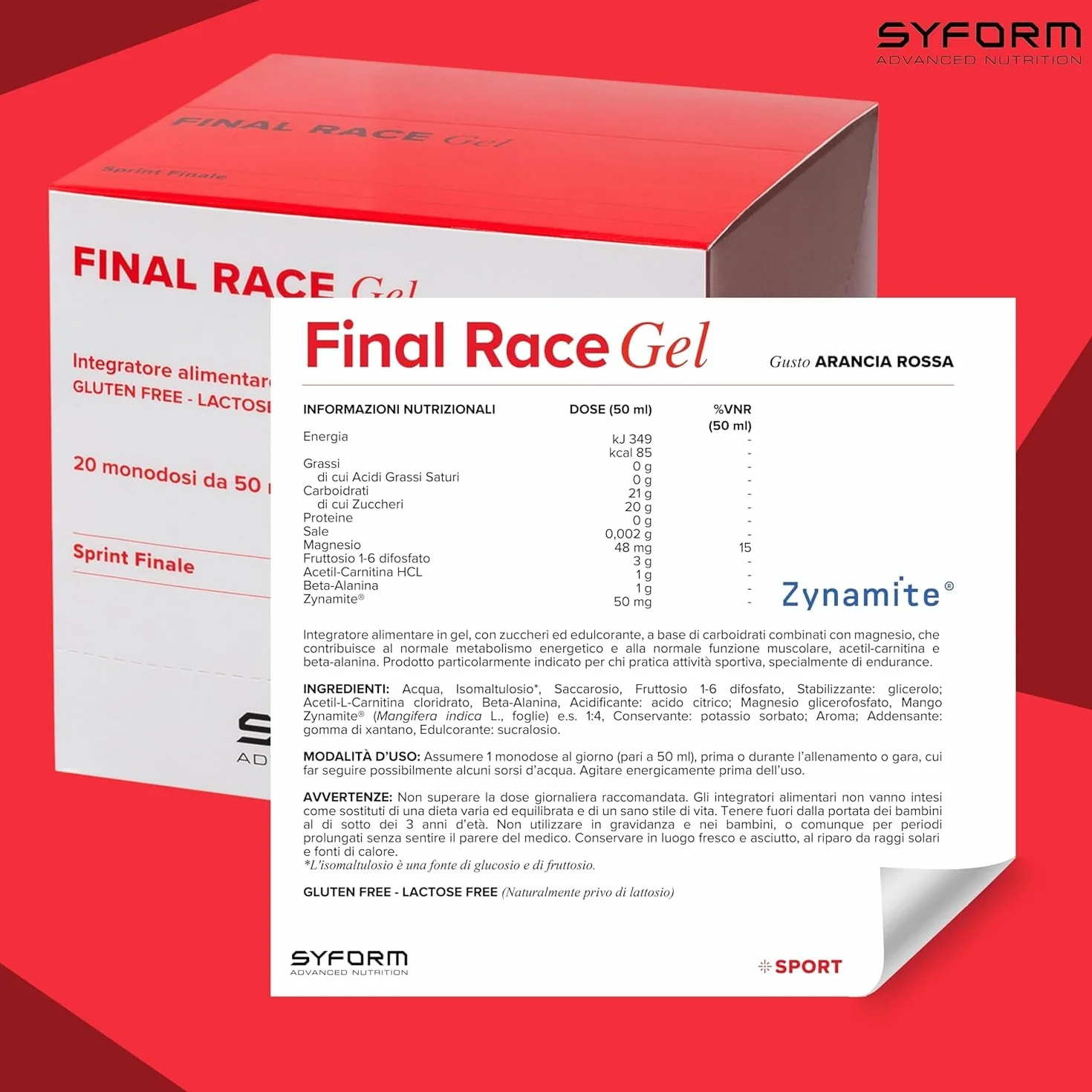 FINAL RACE GEL, Energia fulminea per lo sprint finale - Carbo 1:0,8, Con Esafosfina, Acetilcarnitina e beta-Alanina, Contrasta l’acidosi muscolare, Senza Glutine, Senza Lattosio, EXPO 20 GEL ARANCIA