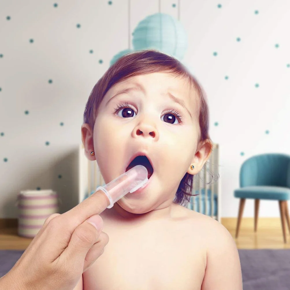 Spazzolino morbido & sicuro da denti per bambino, Spazzolino da denti di dito in Silicone per ragazzi, Spazzolino da denti in gomma, Impacco trasparente per massaggi (3 pezzi di insieme).