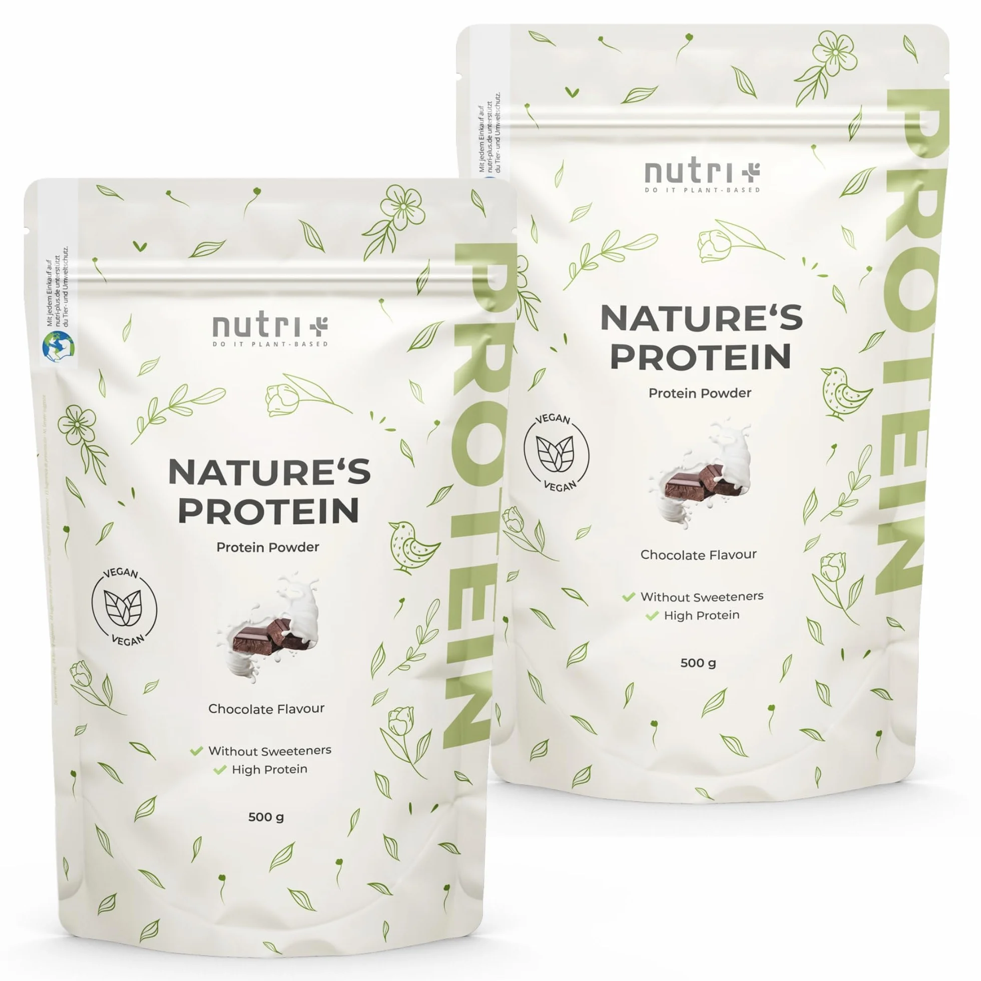 nutri+ Proteine in Polvere Naturali Cioccolato senza Edulcoranti 500g Proteina di Soia e Piselli Bibita Sportiva senza Lattosio per Shake o per Cucinare senza Glutine Vegano