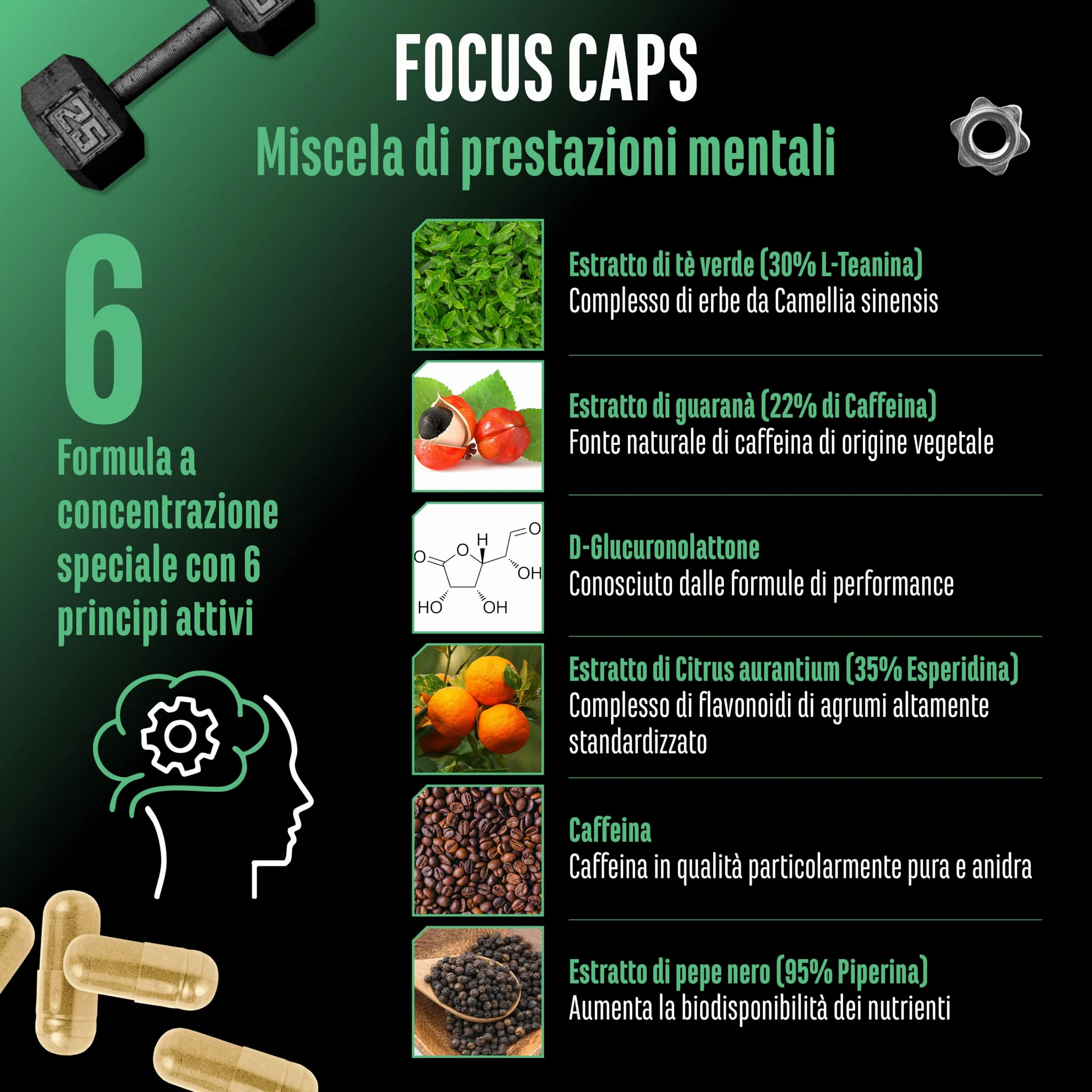 Focus Caps - 120 capsule - Miscela per le prestazioni mentali con L-Teanina, Tè verde, Guaranà, estratto di Citrus Aurantium, Caffeina, D-Glucuronolattone - ad alto dosaggio, vegan