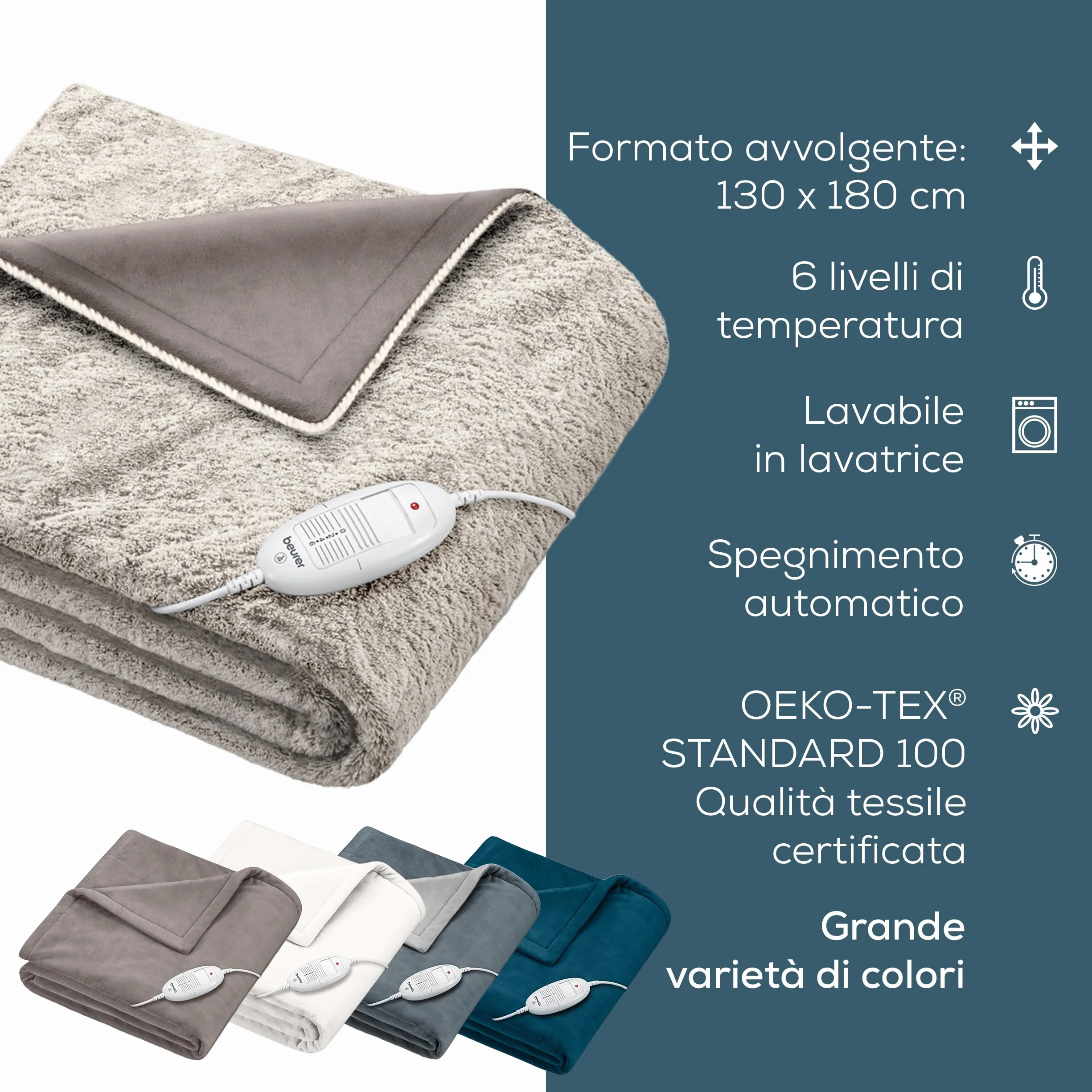Beurer HD 75 Nordic Coperta elettrica, effetto pelliccia sintetica, con 6 livelli di temperatura, lavabile in lavatrice a 30 °C, coperta elettrica con spegnimento automatico, beige/marrone, 180x130 cm