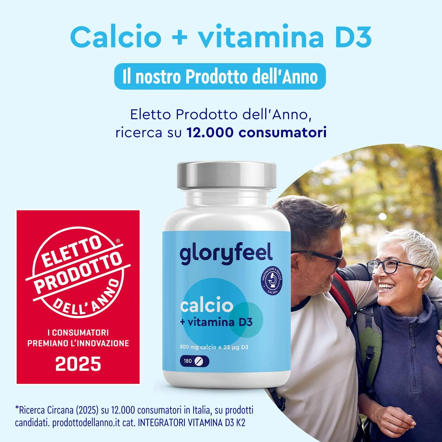 Integratore Calcio e Vitamina D3, 180 Compresse, Eletto PRODOTTO DELL'ANNO 2025, (Scorta per 3 Mesi), Calcio 800 mg e Vitamina D3 25µg, Integratore per il Supporto delle Ossa*, Senza OGM
