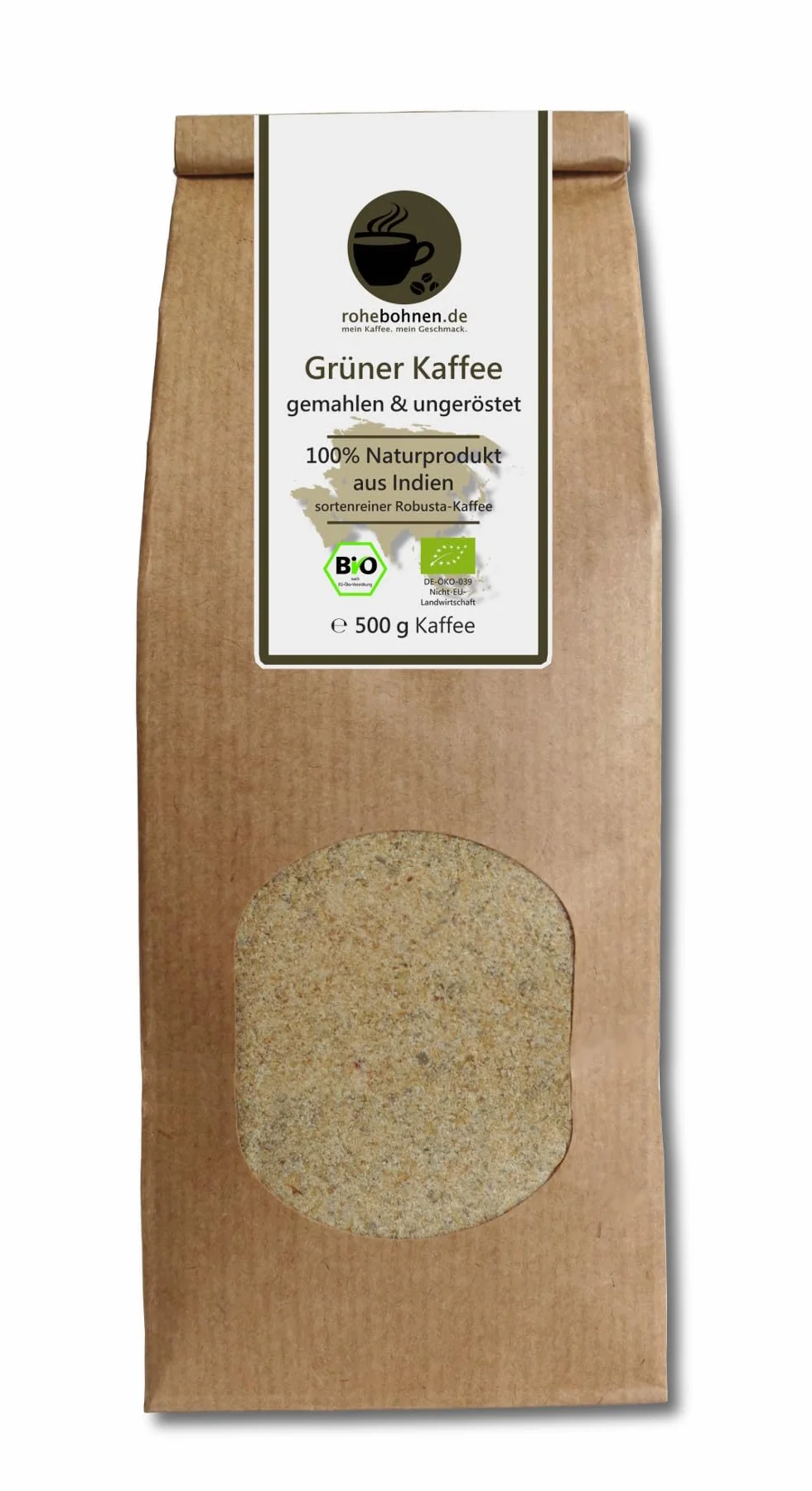 Polvere di caffè verde biologico Robusta India naturale 500g macinato non tostato Certificato GMP