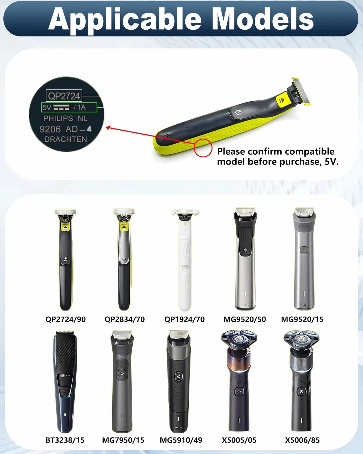 Caricabatterie 5V 1A per Rasoio Philips OneBlade QP2724 QP2734 QP2824 QP2834 QP4631 MG9530 MG7910 MG5910 S7887 S5898 PQ888 PQ889 Cavo USB 1M