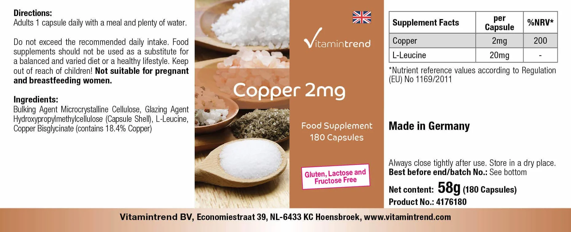 Vitamintrend rame 2 mg, 180 capsule, facili da deglutire, ad alto dosaggio, integratore alimentare vegano senza magnesio stearato, prodotto in Germania