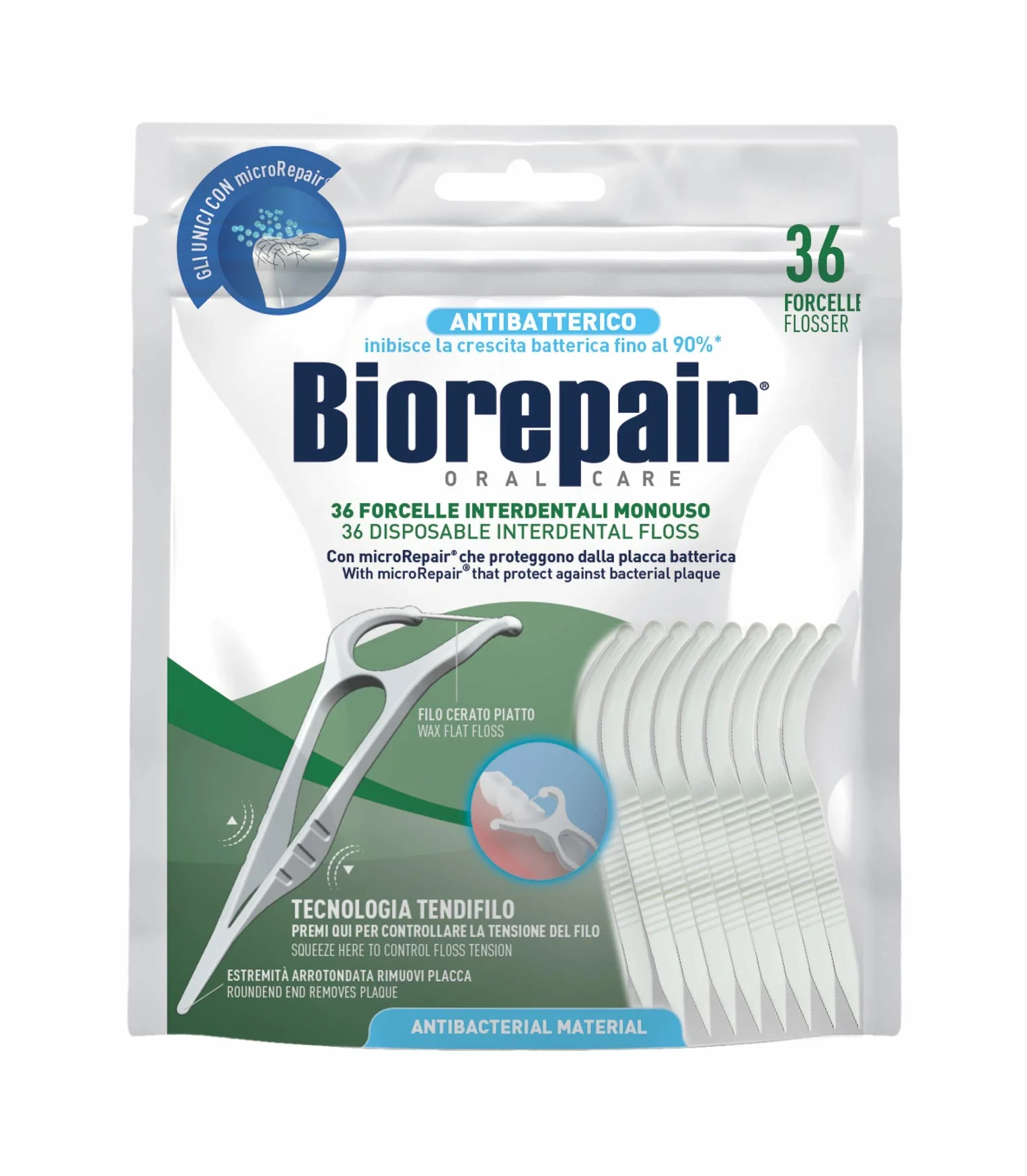 Biorepair, Forcelle Interdentali Monouso Con Microrepair® per Spazi Regolari e Stretti, per Igiene Orale, Ripara-Smalto, Aroma Menta Fresca, Pacco da 6 x 36 Pezzi