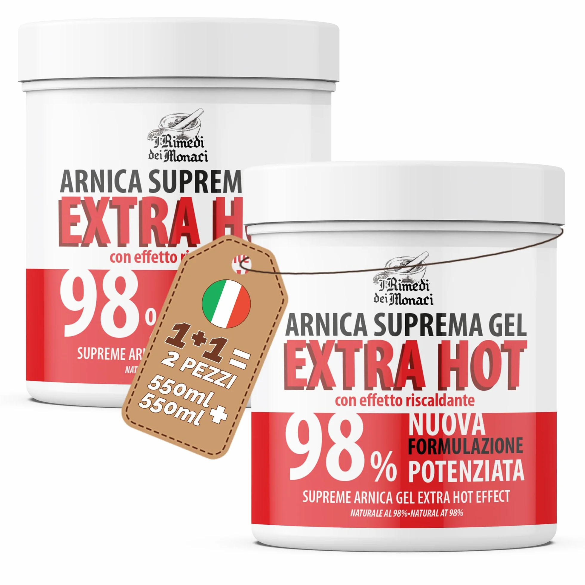 ARNICA SUPREMA GEL 98% SUPER HOT, 2x550ml, Extra Forte Crema Riscaldante, Muscoli e Articolazioni