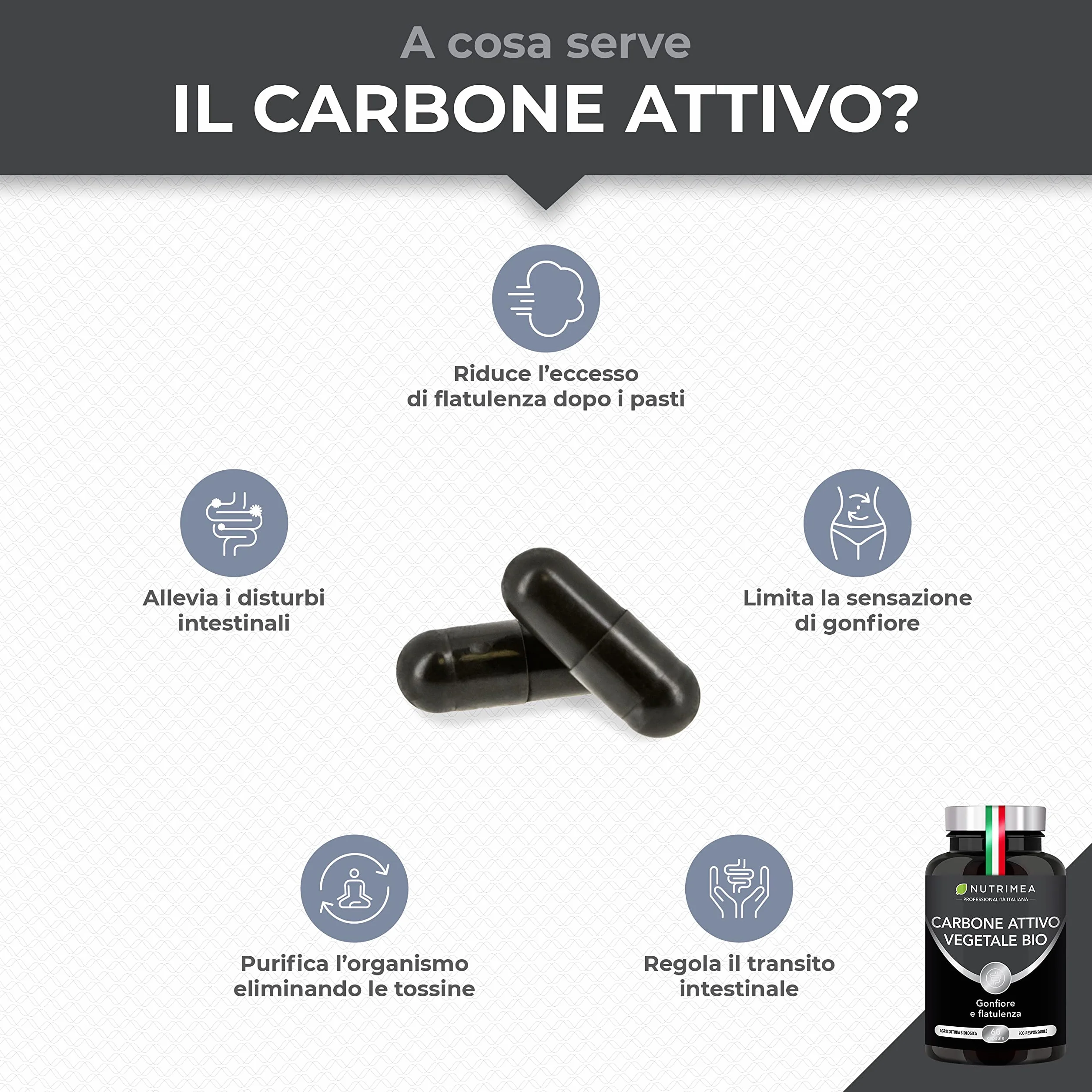 Nutrimea Carbone Attivo Vegetale Biologico 60 Capsule Integratore Contro Gonfiore Addominale