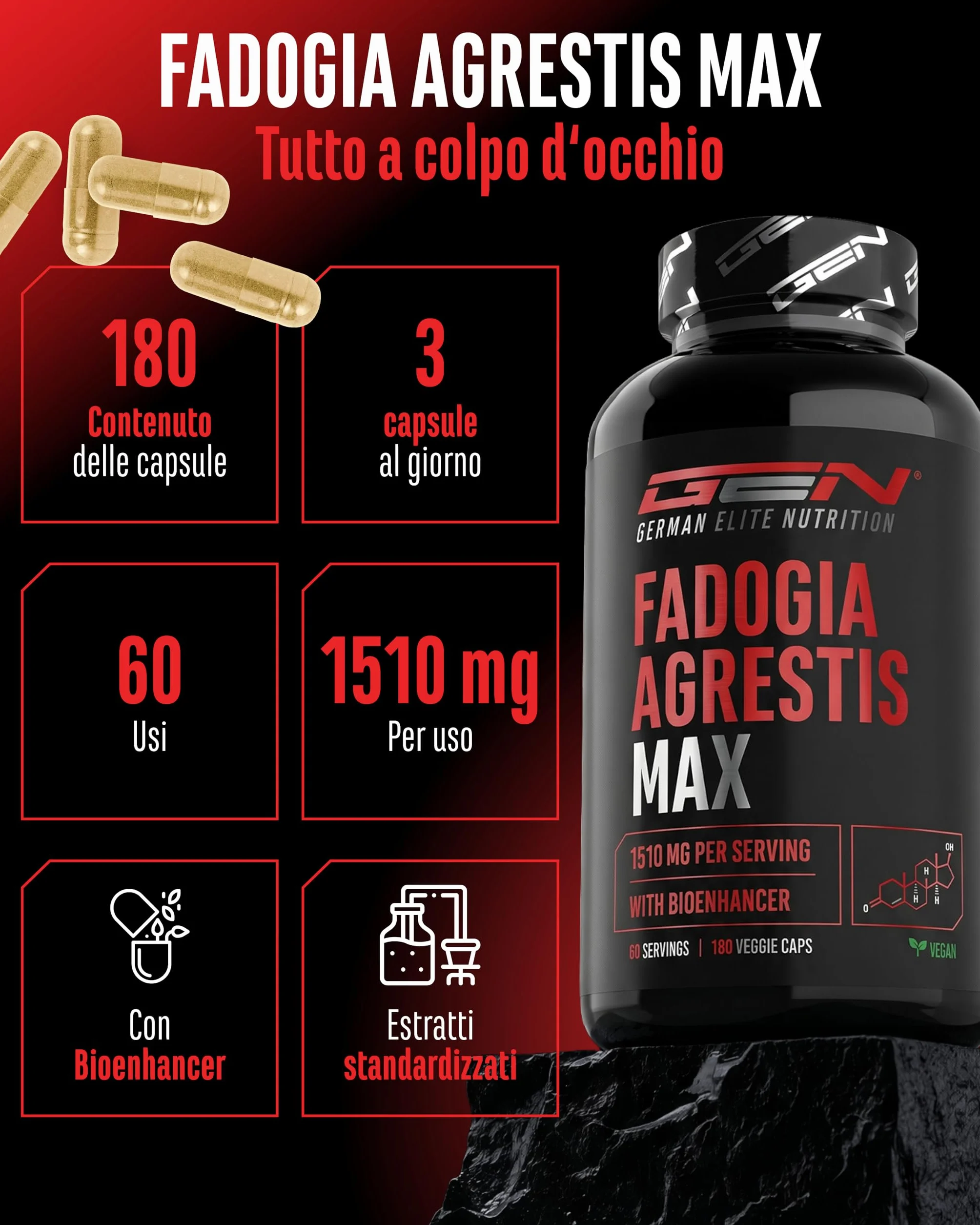Fadogia Agrestis Max 180 Capsule Vegane 1510 mg per Dose Giornaliera con Estratto di Pepe Nero e Bioenhancer