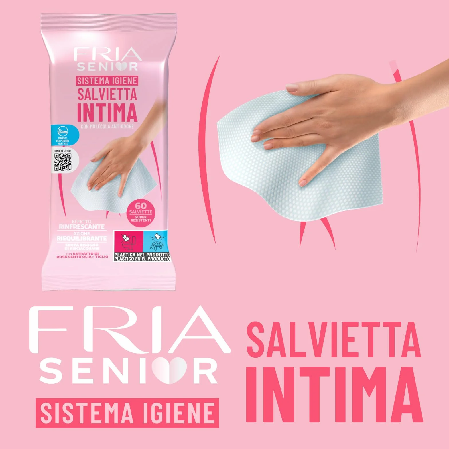 Salviette per l’Igiene Intima degli Anziani - con Estratti di Rosa Centifolia e Tiglio - Azione Riequilibrante - Antiodore - Formato: 60 Salviette - FRIA Senior (Confezione da 4)
