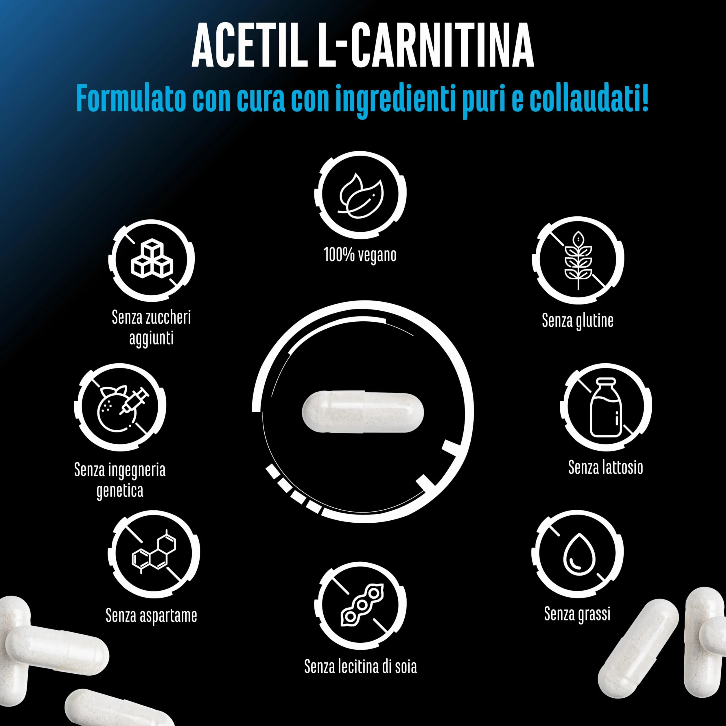 Acetyl-L-carnitina 250 capsule vegane 3000 mg per porzione giornaliera forma acetilata di L-carnitina ad alto dosaggio