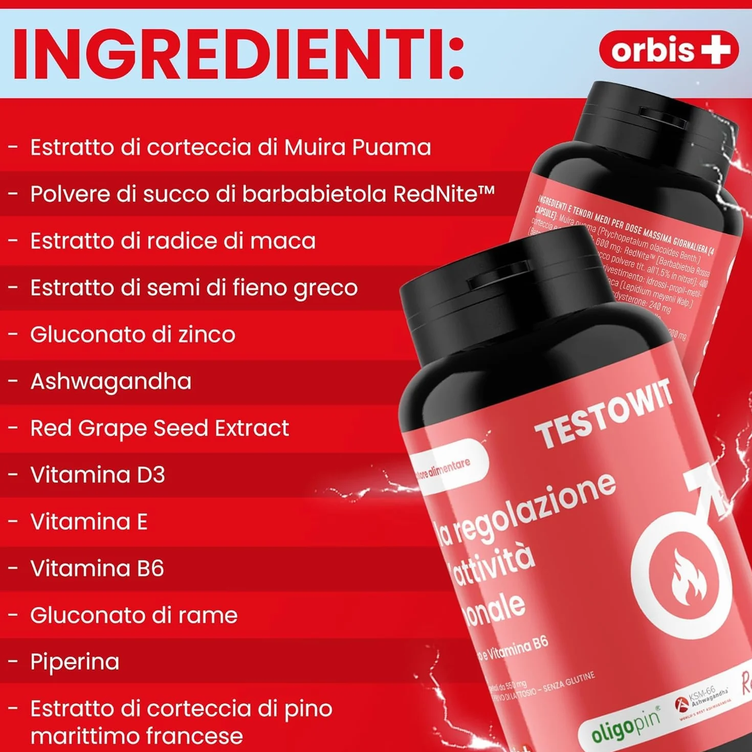 ORBIS TESTOWIT Integratore Naturale per Uomini | Supplemento per la Regolazione Ormonale con Muira Puama, Maca e Ashwagandha | aumenta la vitalità naturale | Forza & Energia Uomo | 120 Capsule