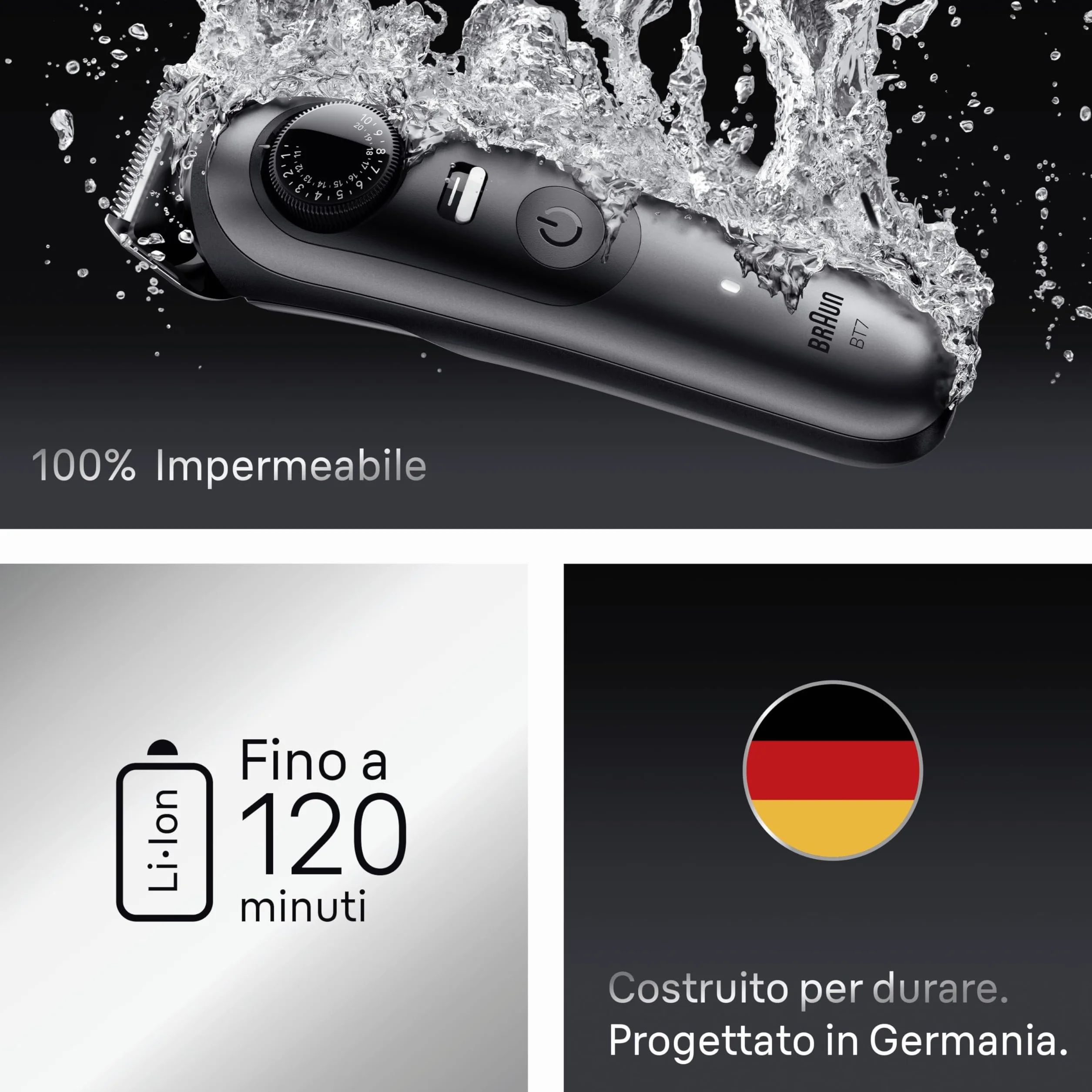 Braun Series 7 Regolabarba Uomo, Lama Problade Affilata a Vita, 120 Minuti Autonomia, Impermeabile, 40 Lunghezze, Bt7525, Grigio