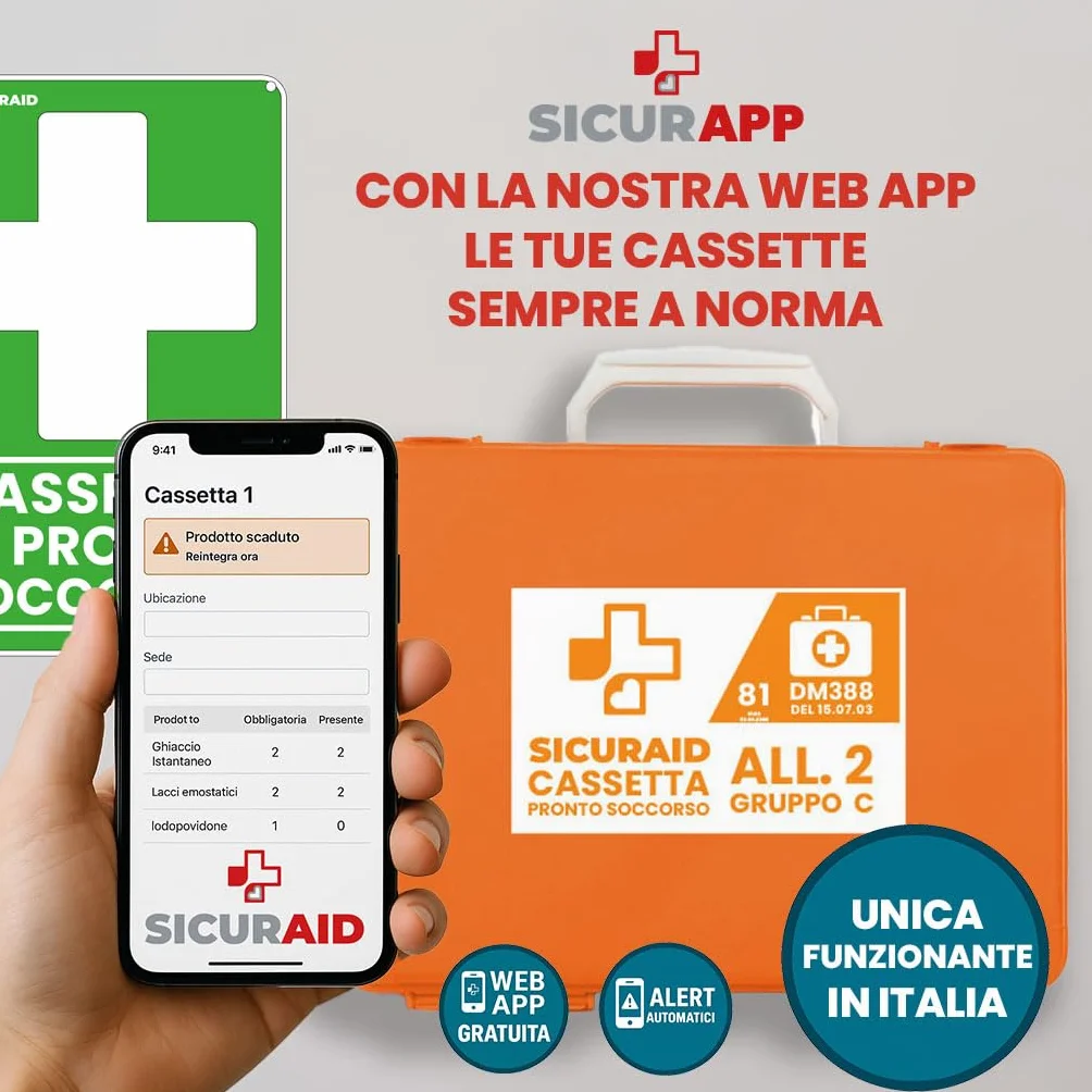 SICURAID Cassetta Pronto Soccorso Aziendale DM 388/2003 CE MDR Kit Medico Certificato Arancio Gruppo C 2 Dipendenti